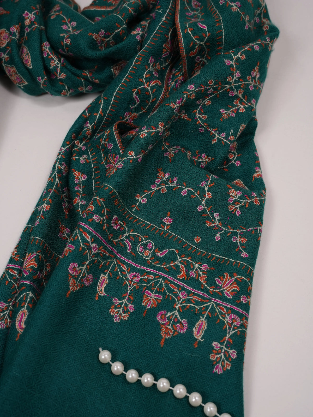 Kashmiri Turquoise Hand Embroidered Pure Forest Green Cashmere Scarf Shahkaar.com