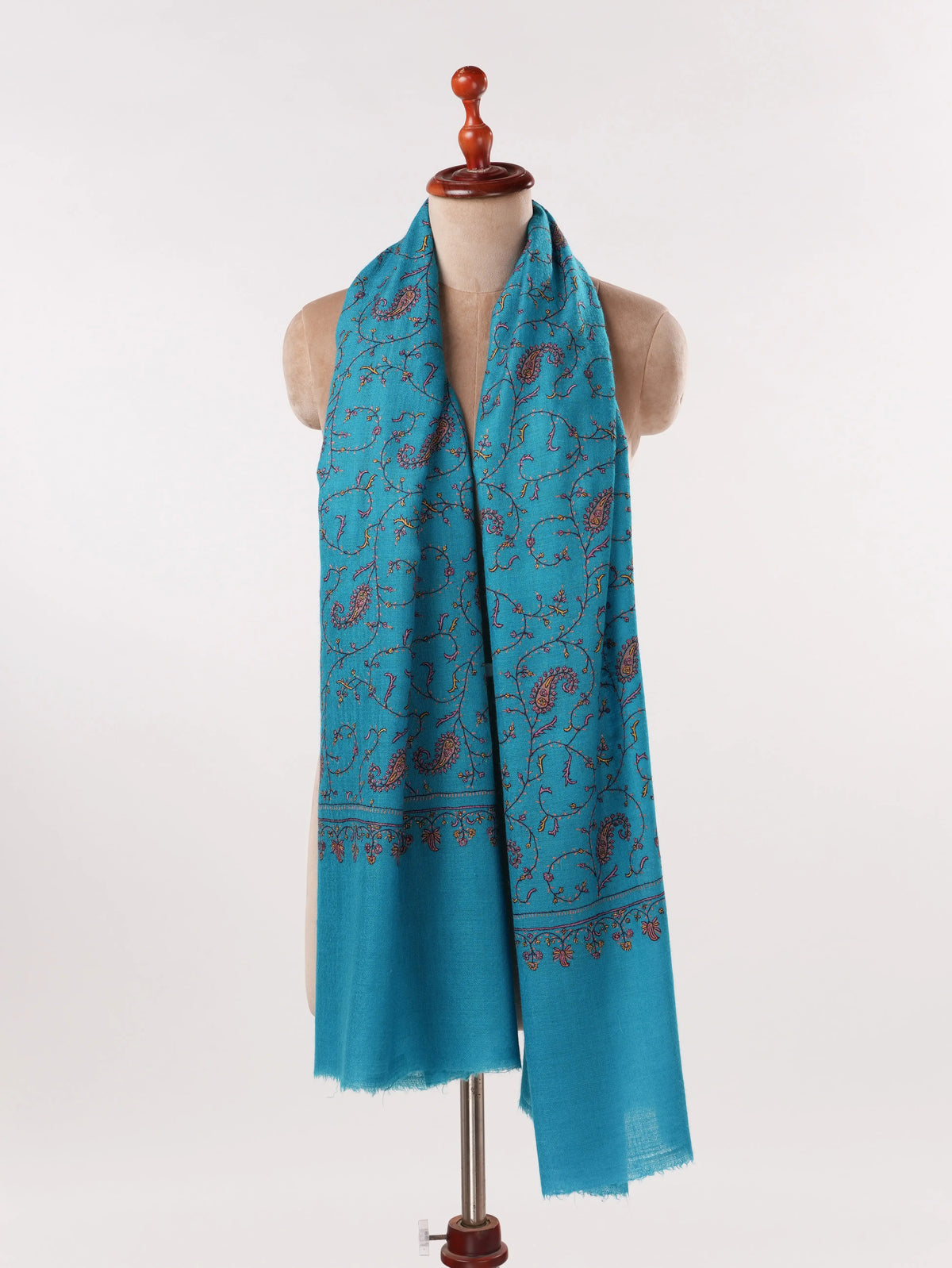 Sky Blue Handwoven Authentic Cashmere Scarf with Jali Hand Sozni Embroidery Shahkaar.com