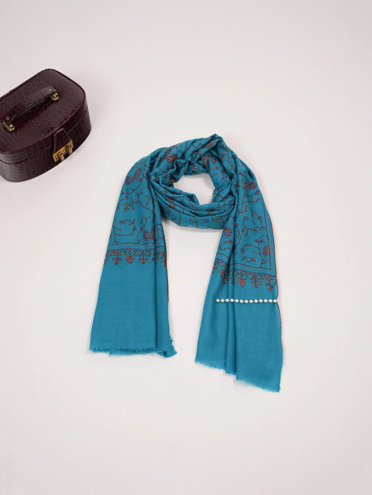 Sky Blue Handwoven Authentic Cashmere Scarf with Jali Hand Sozni Embroidery Shahkaar.com
