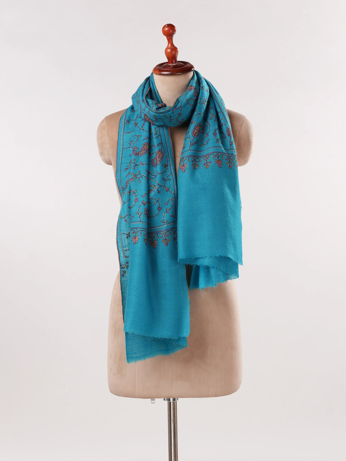Sky Blue Handwoven Authentic Cashmere Scarf with Jali Hand Sozni Embroidery Shahkaar.com