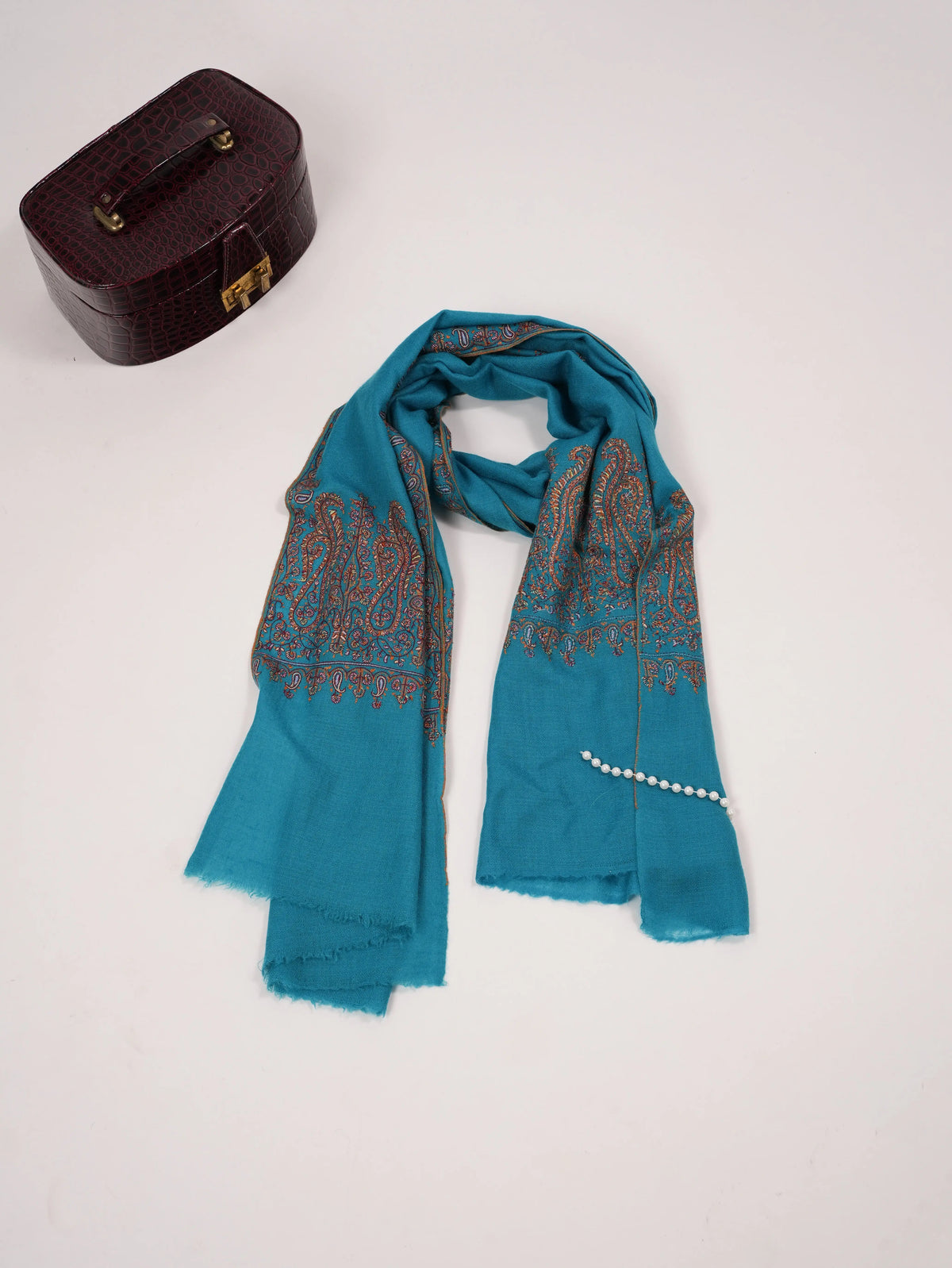 Blue Handwoven Cashmere Scarf with Palldar Sozni Embroidery Shahkaar.com