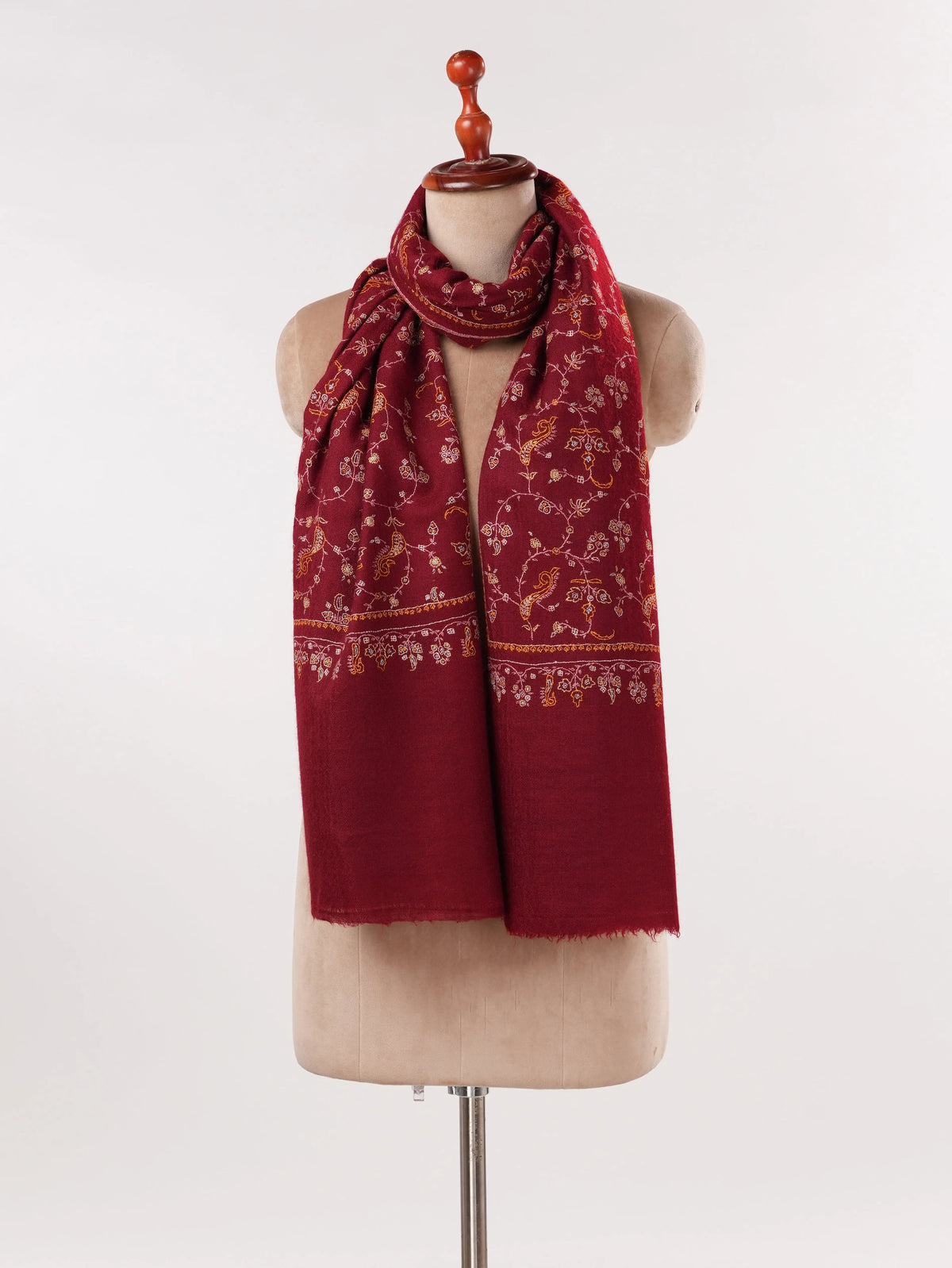 Kashmiri Burgundy Cashmere Scarf with Jali Hand Embroidery Shahkaar.com