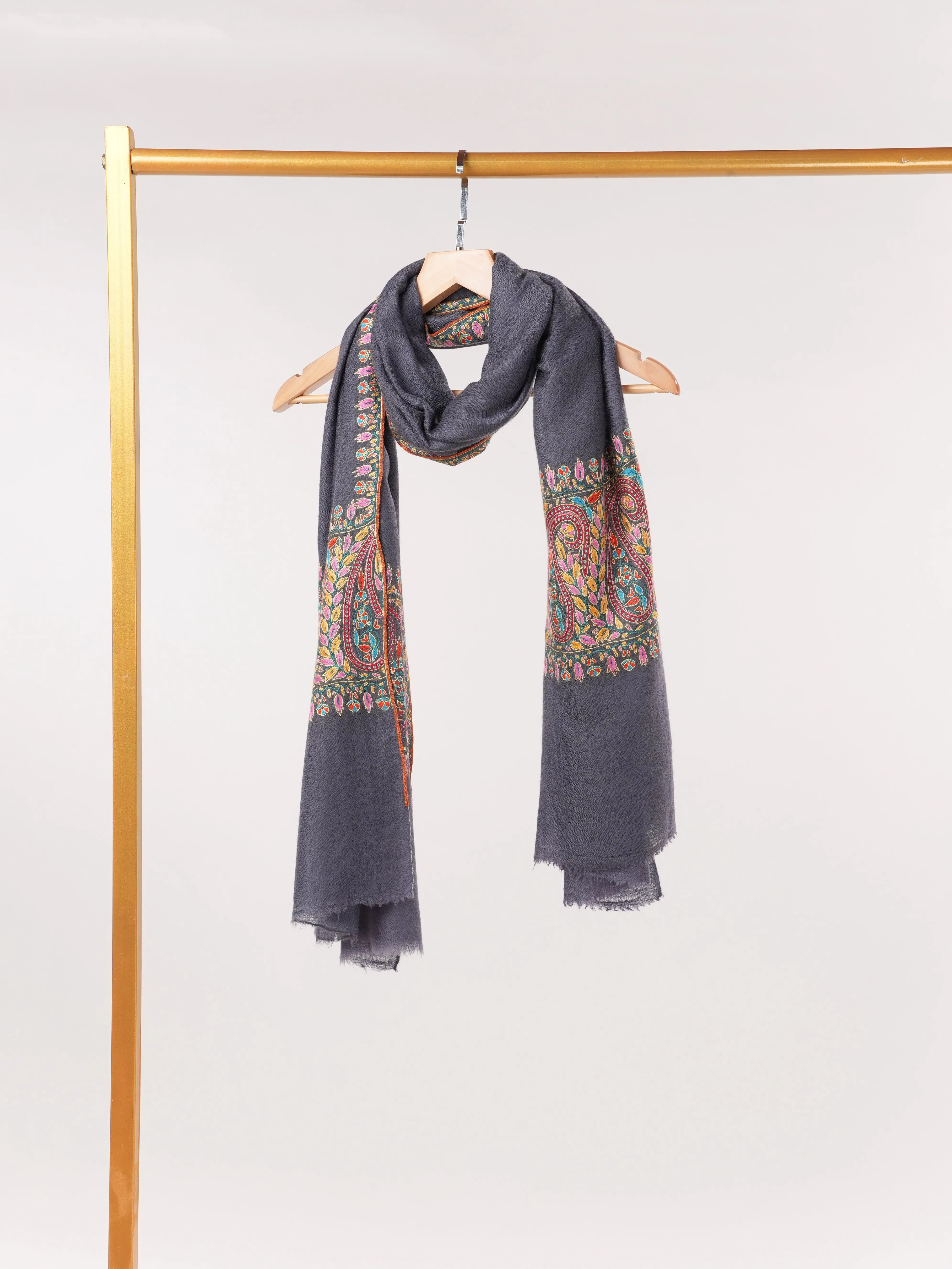 Grey Handwoven Cashmere Scarf with Palldar Papermachie Hand Sozni Embroidery Shahkaar.com