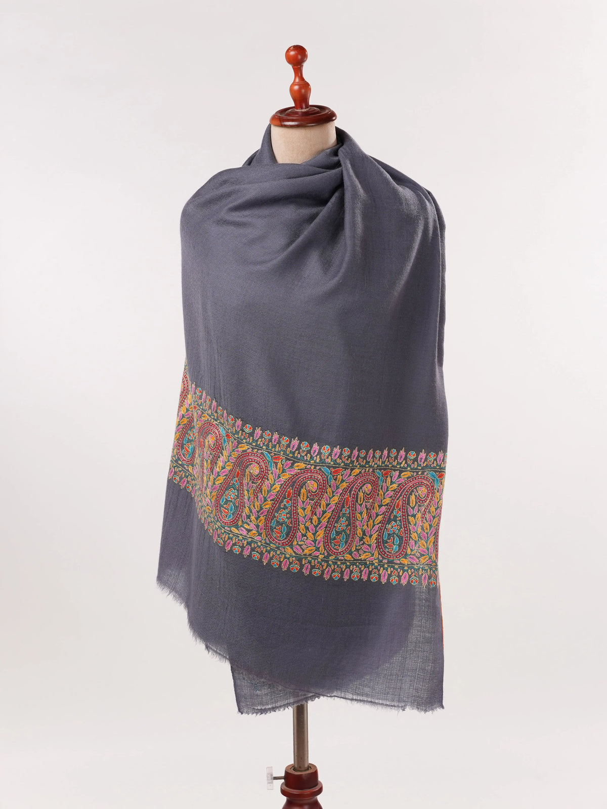 Grey Handwoven Cashmere Scarf with Palldar Papermachie Hand Sozni Embroidery Shahkaar.com