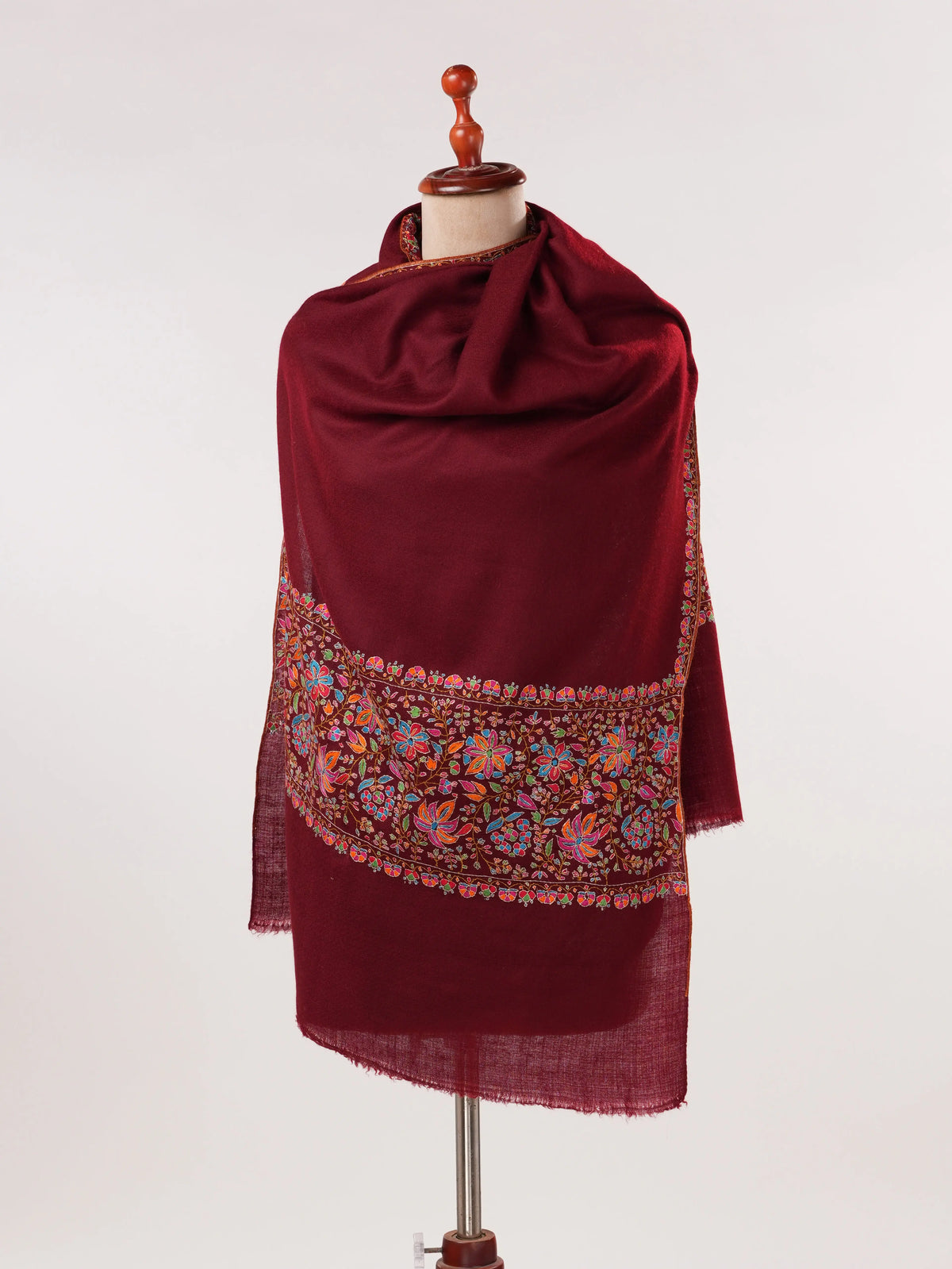 Handwoven Maroon Cashmere Scarf with Palldar Papermachie Embroidery Shahkaar.com