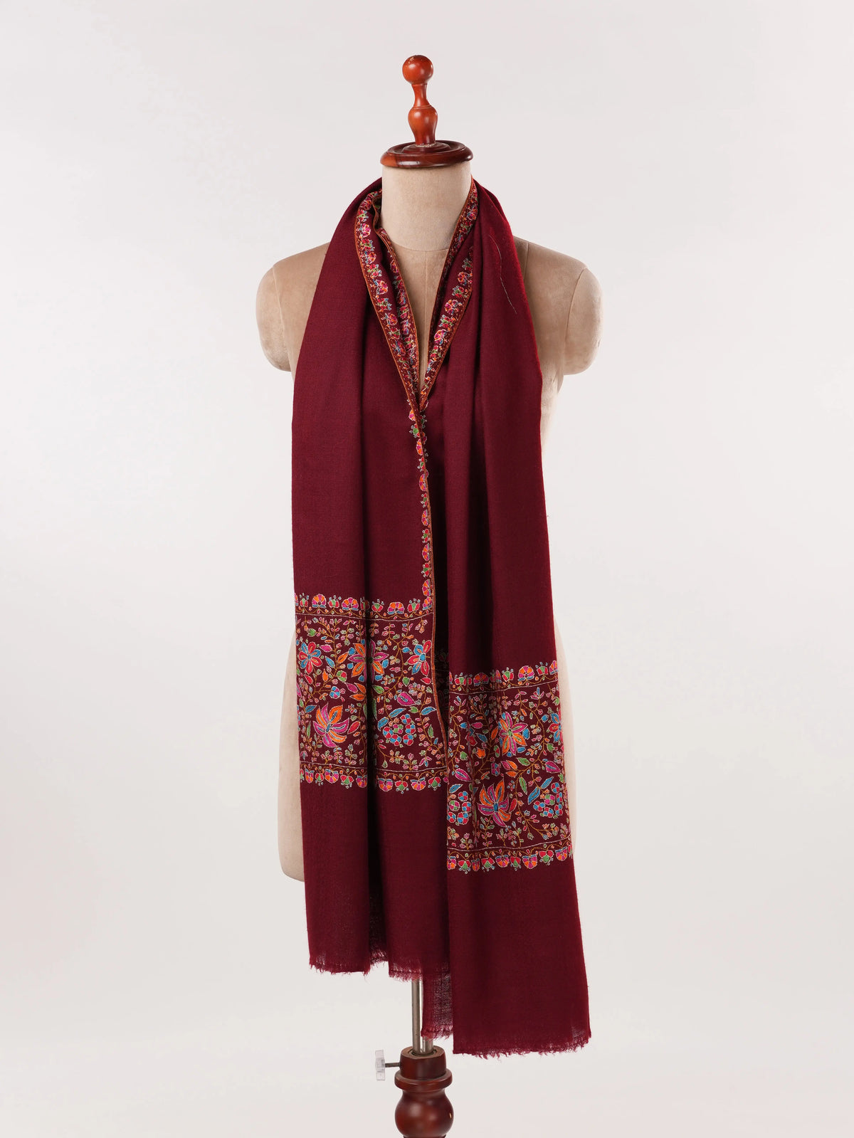 Handwoven Maroon Cashmere Scarf with Palldar Papermachie Embroidery Shahkaar.com