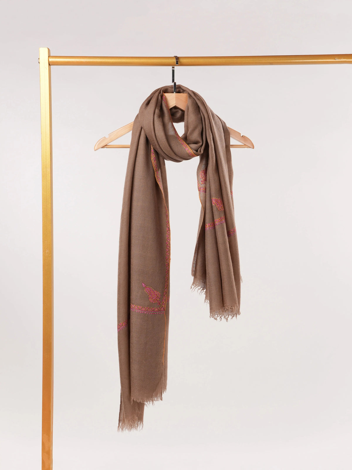 Natural Taupe Pashmina Shawl with Baildar Hand Embroidery Shahkaar.com