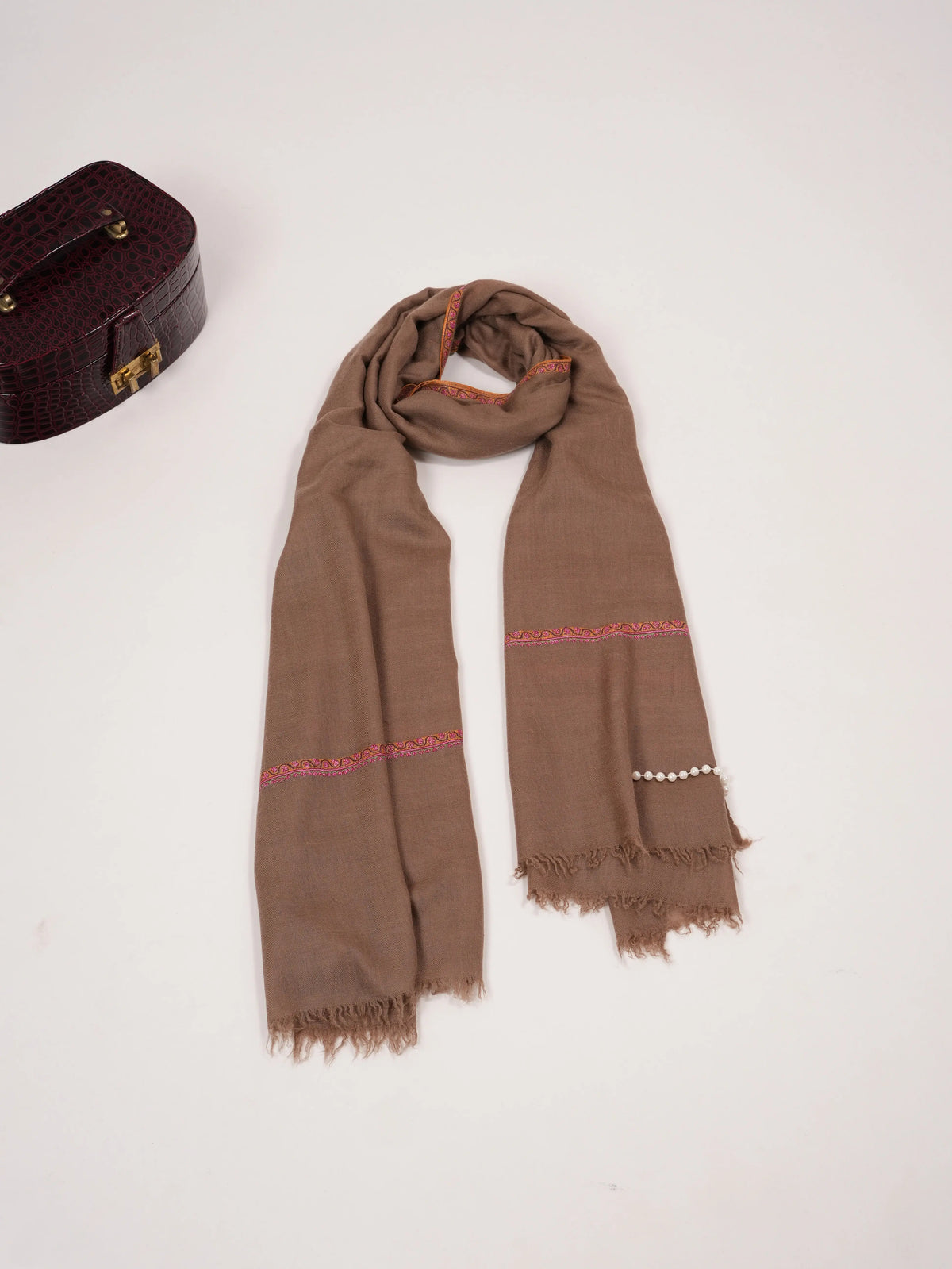 Natural Taupe Pashmina Shawl with Baildar Hand Embroidery Shahkaar.com