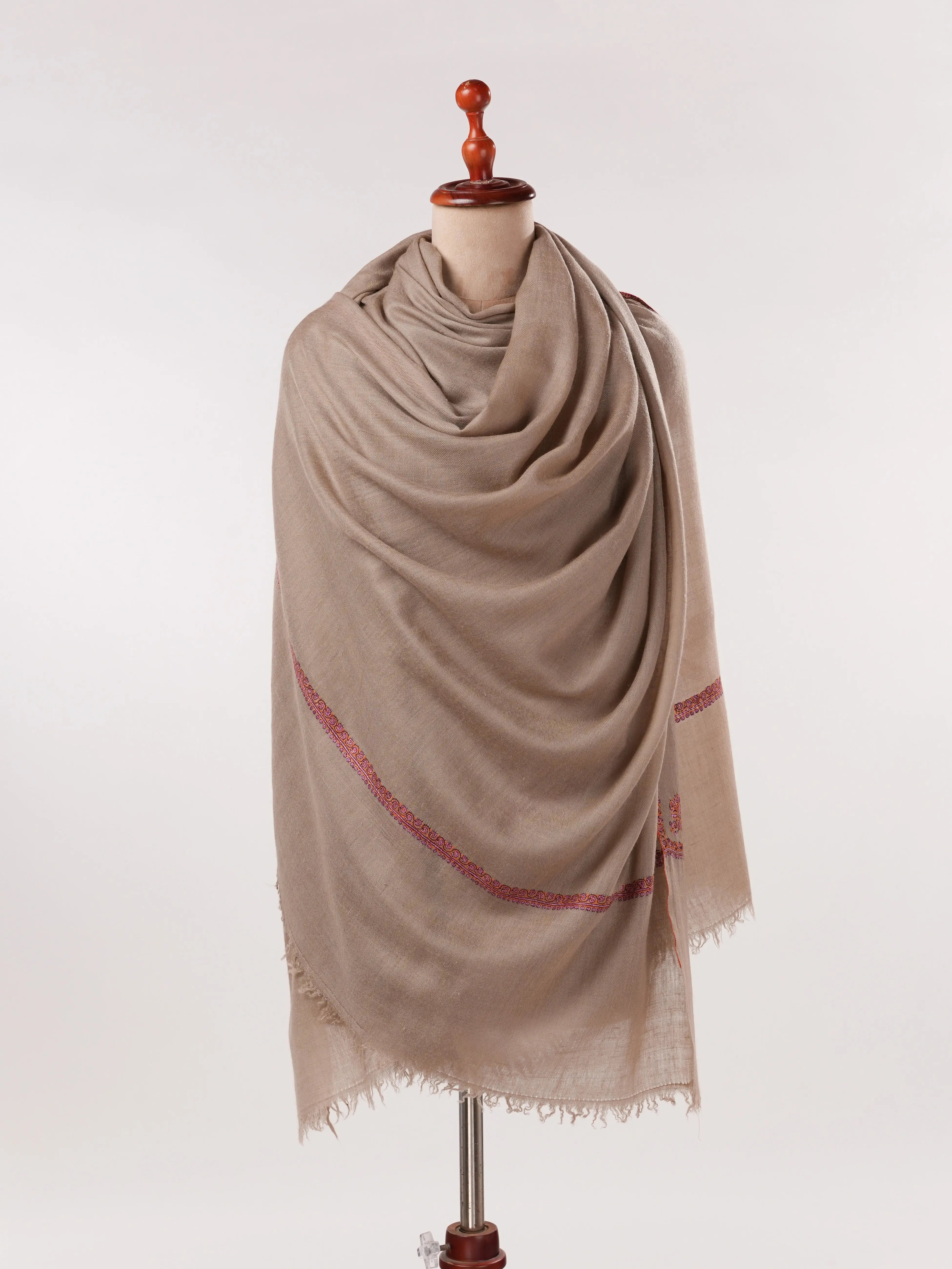 Taupe Baildar Handwoven Pashmina Shawl with Hand Embroidery Shahkaar.com