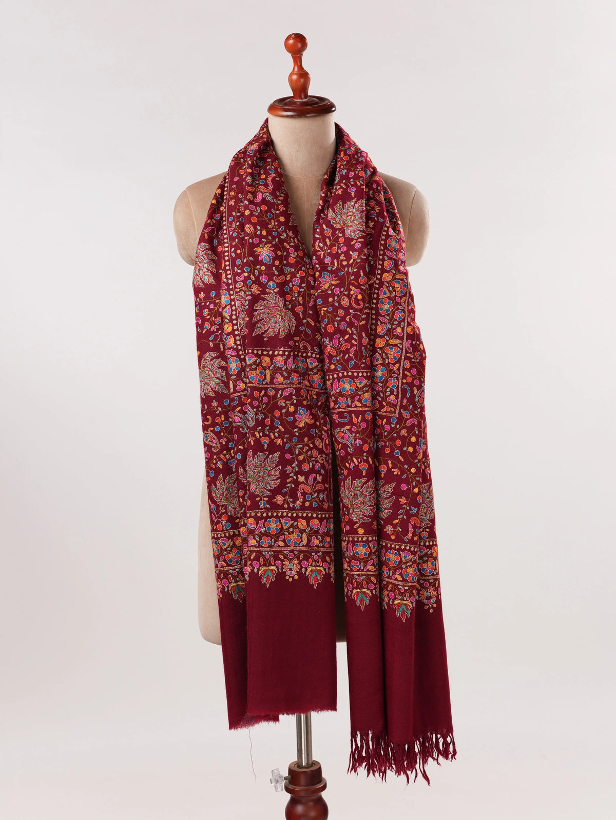 Burgundy Pashmina Shawl with Hand Papermachie Embroidery Shahkaar.com