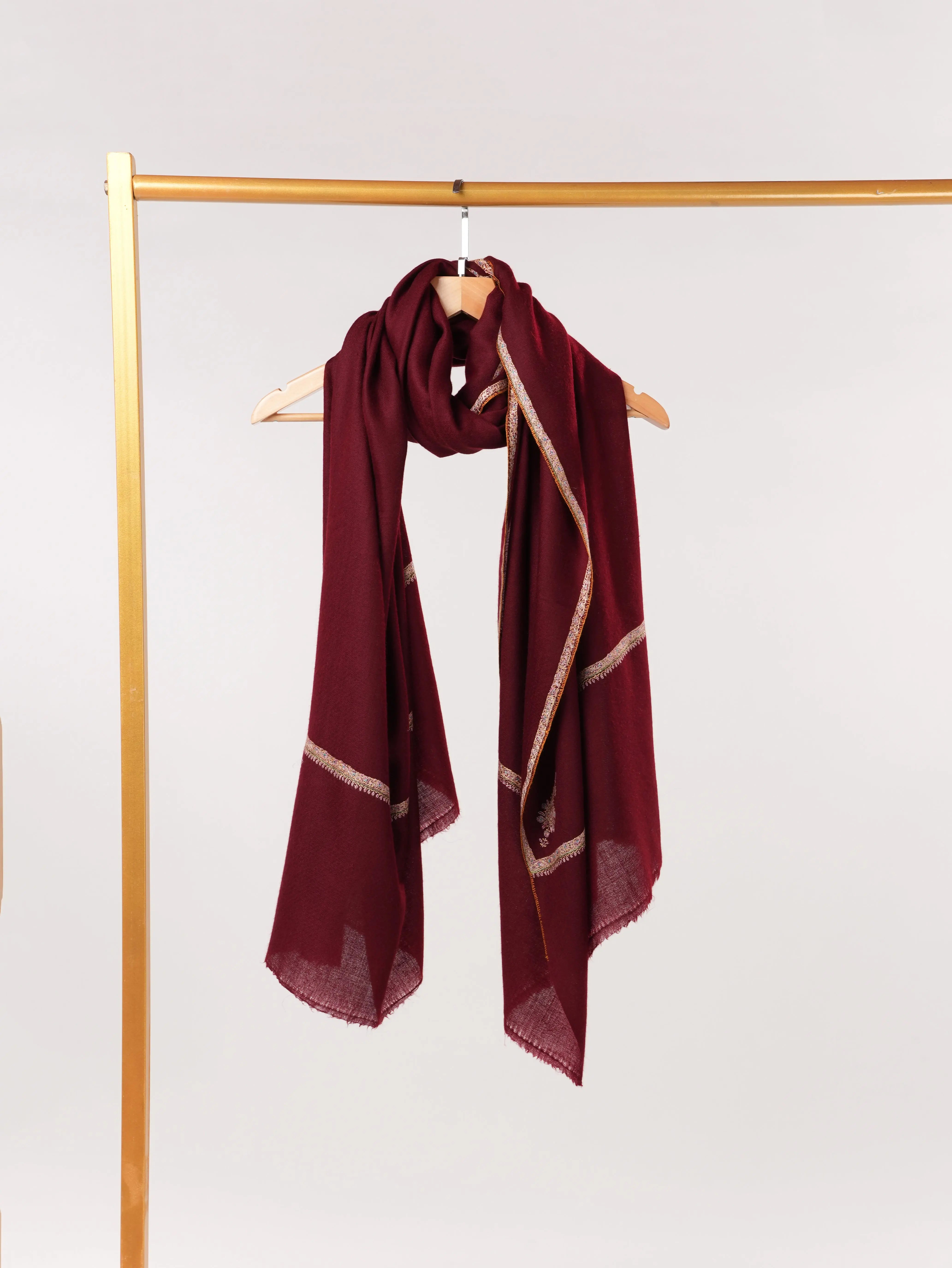 Handmade Burgundy Pashmina Shawl with Baildar Hand Embroidery Shahkaar.com