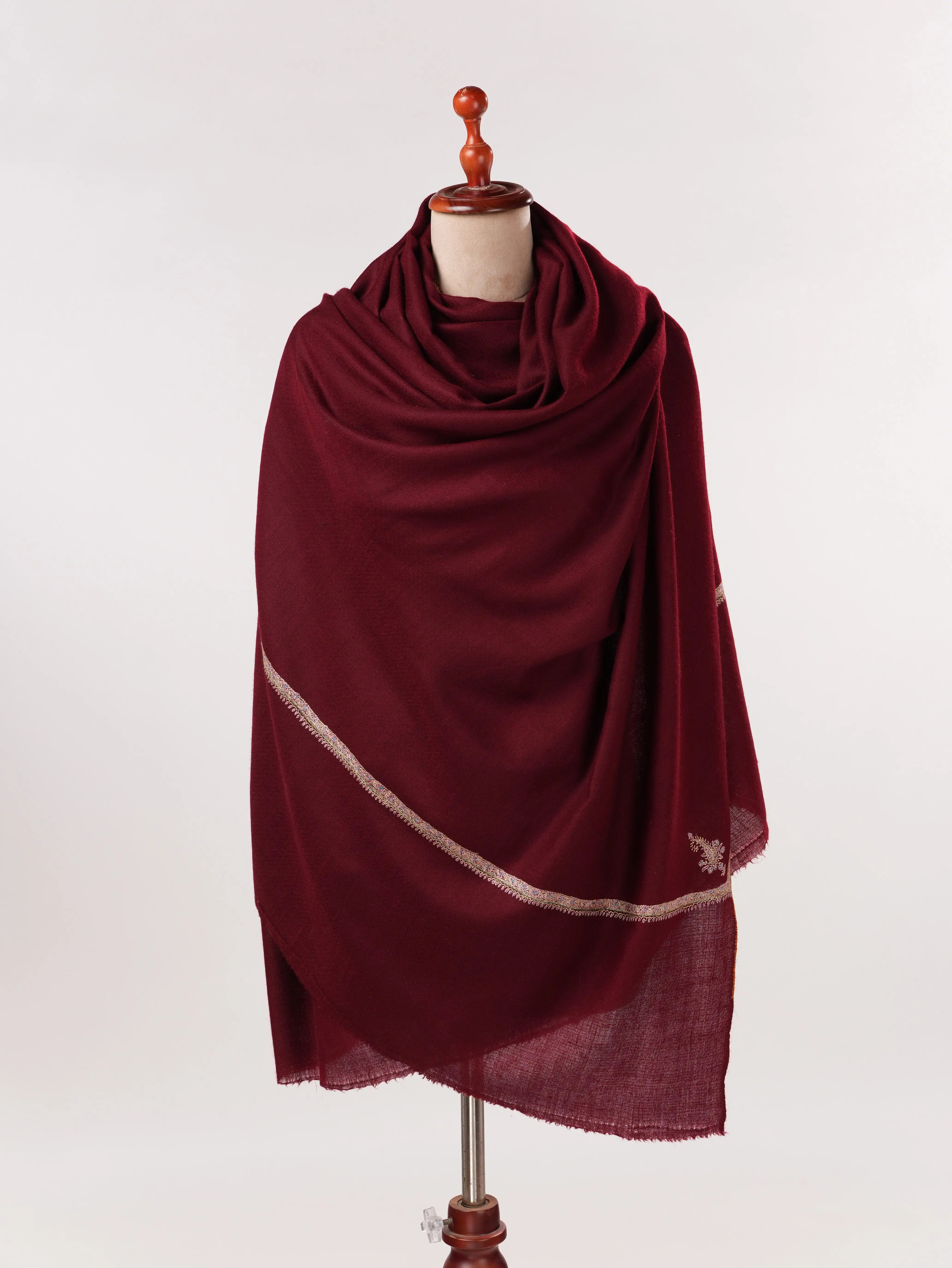 Handmade Burgundy Pashmina Shawl with Baildar Hand Embroidery Shahkaar.com