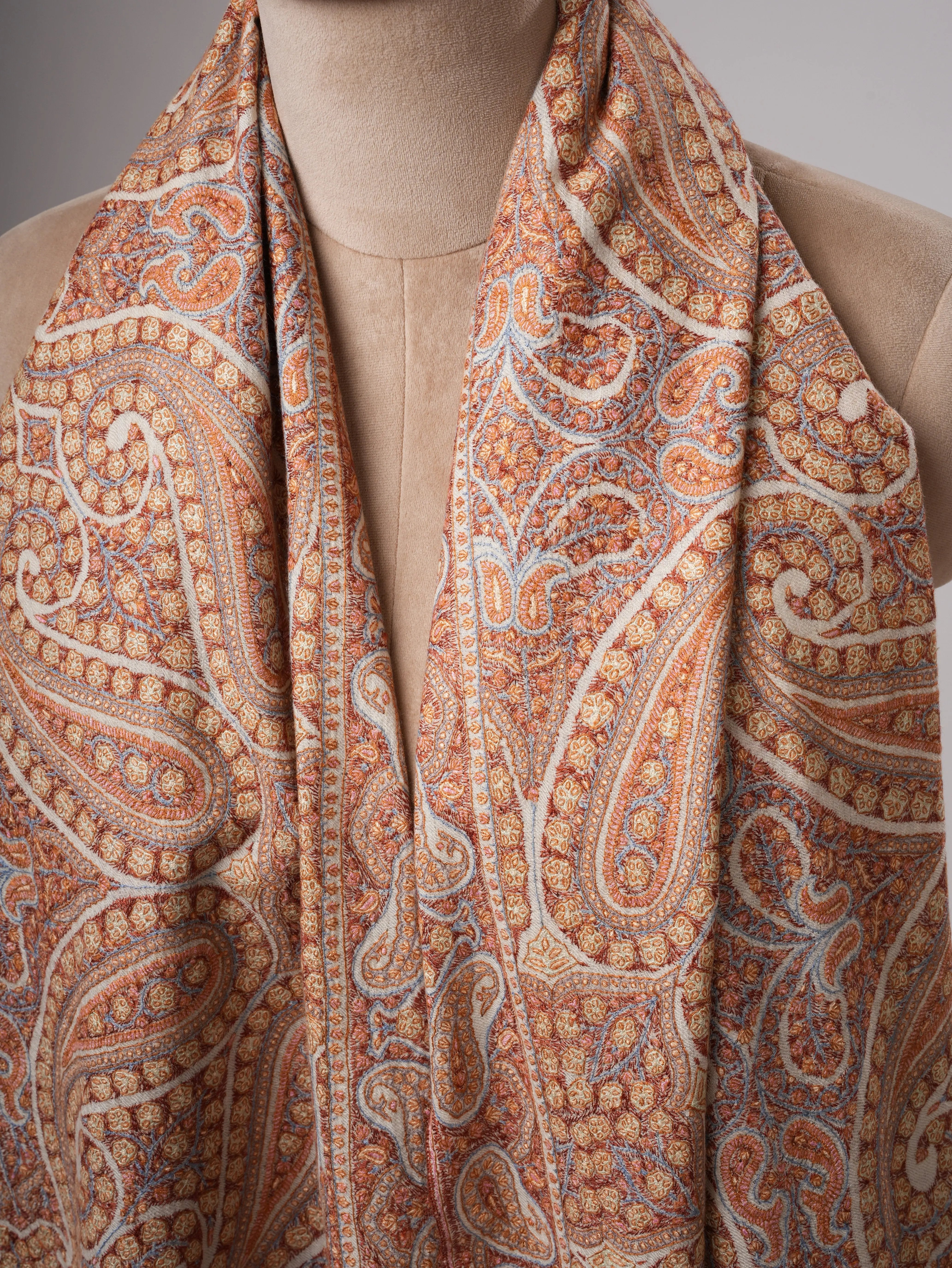 Kashmiri Ivory Pashmina Shawl with Detailed Sozni 8 Paisley Motif Shahkaar