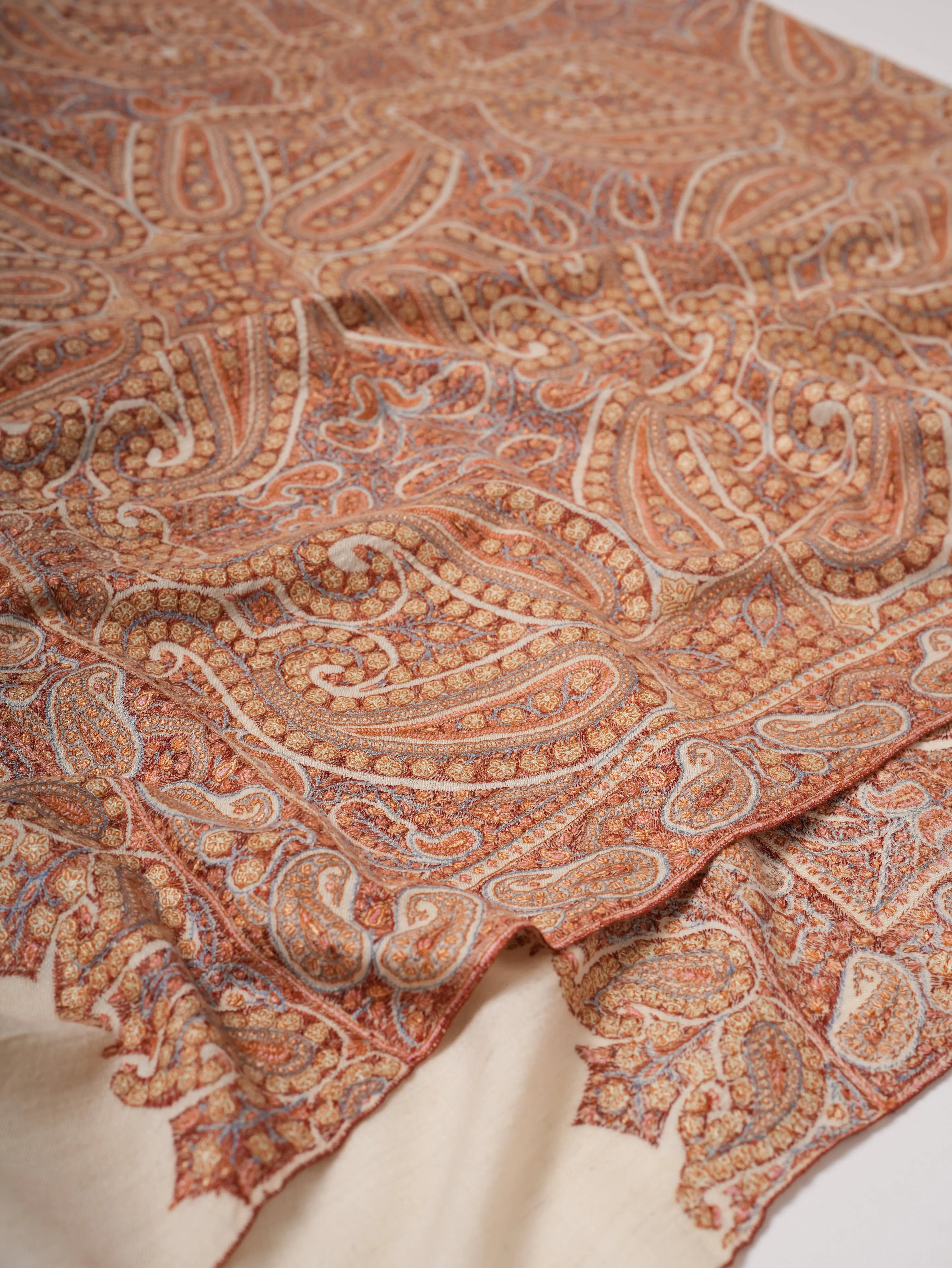 Kashmiri Ivory Pashmina Shawl with Detailed Sozni 8 Paisley Motif Shahkaar