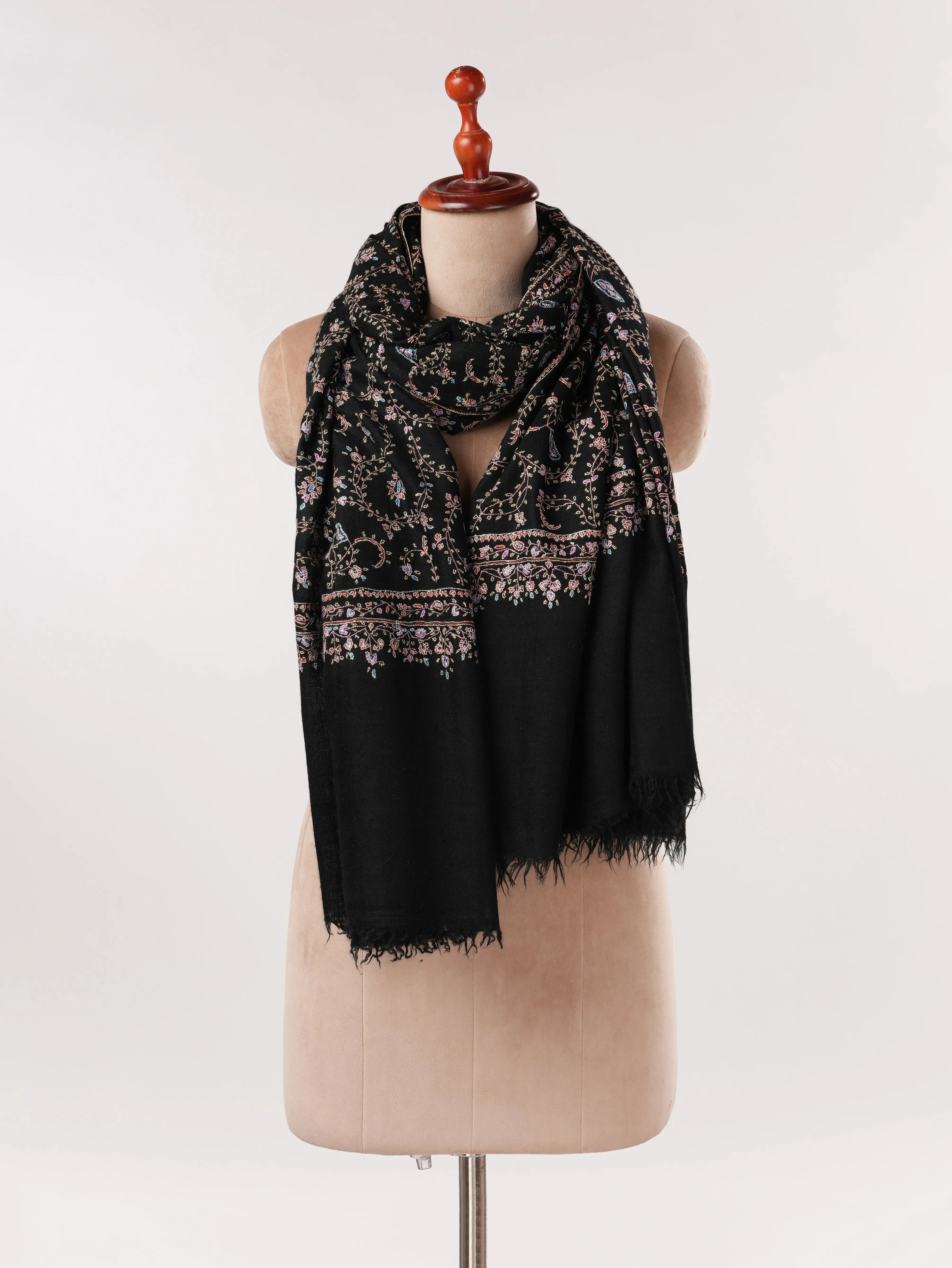 Black Handwoven Authentic  Pashmina Shawl with Jali Hand Sozni Embroidery Shahkaar.com