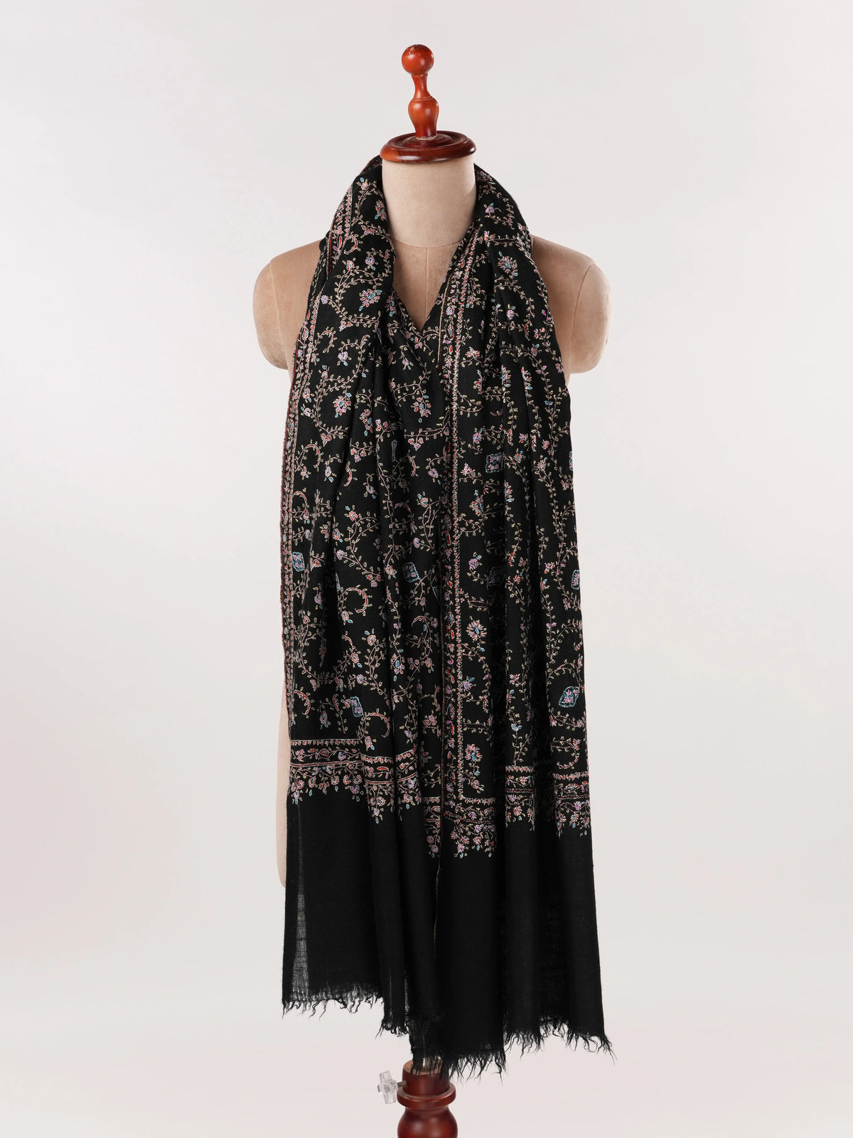 Black Handwoven Authentic  Pashmina Shawl with Jali Hand Sozni Embroidery Shahkaar.com