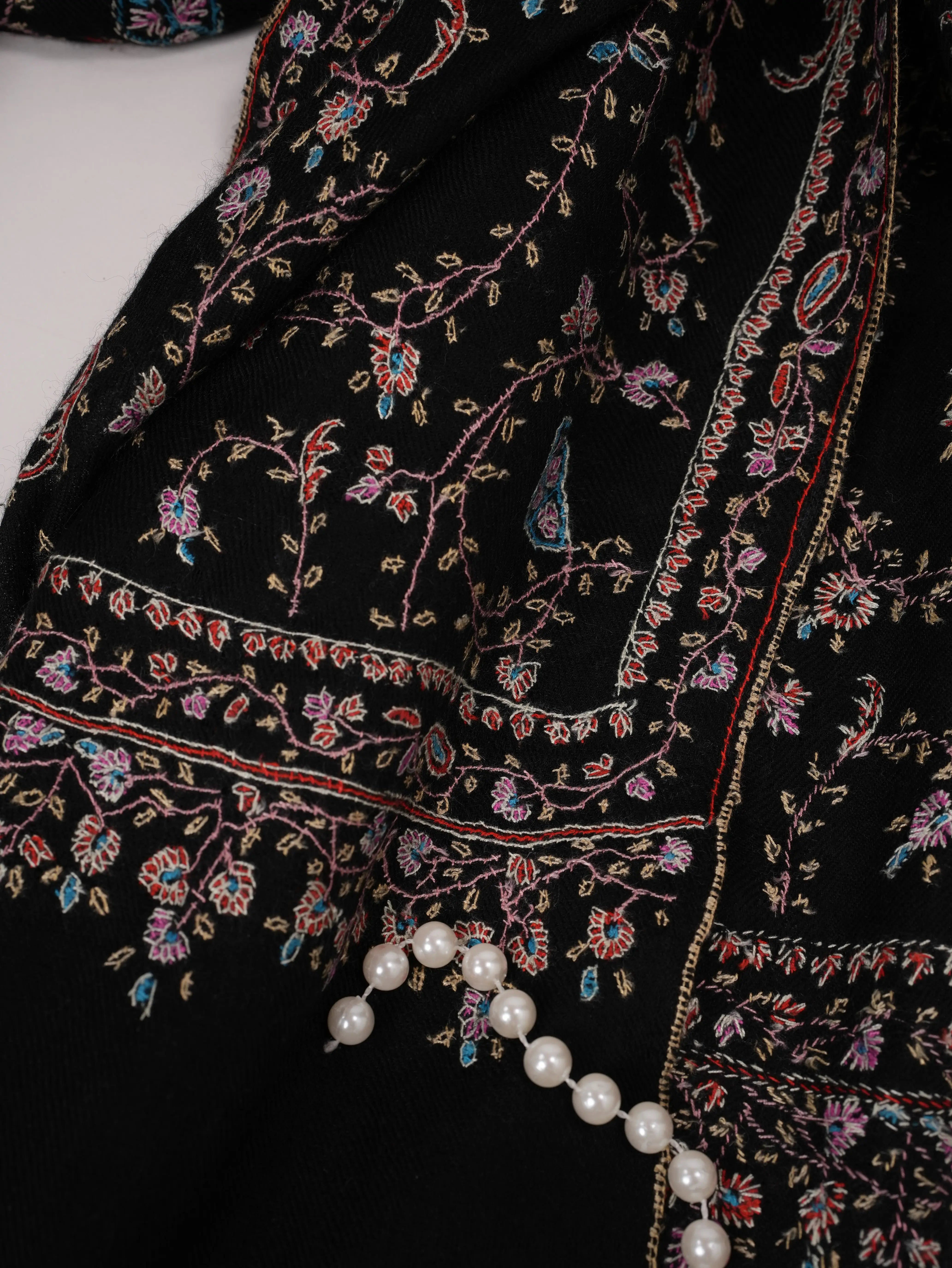 Black Handwoven Authentic  Pashmina Shawl with Jali Hand Sozni Embroidery Shahkaar.com