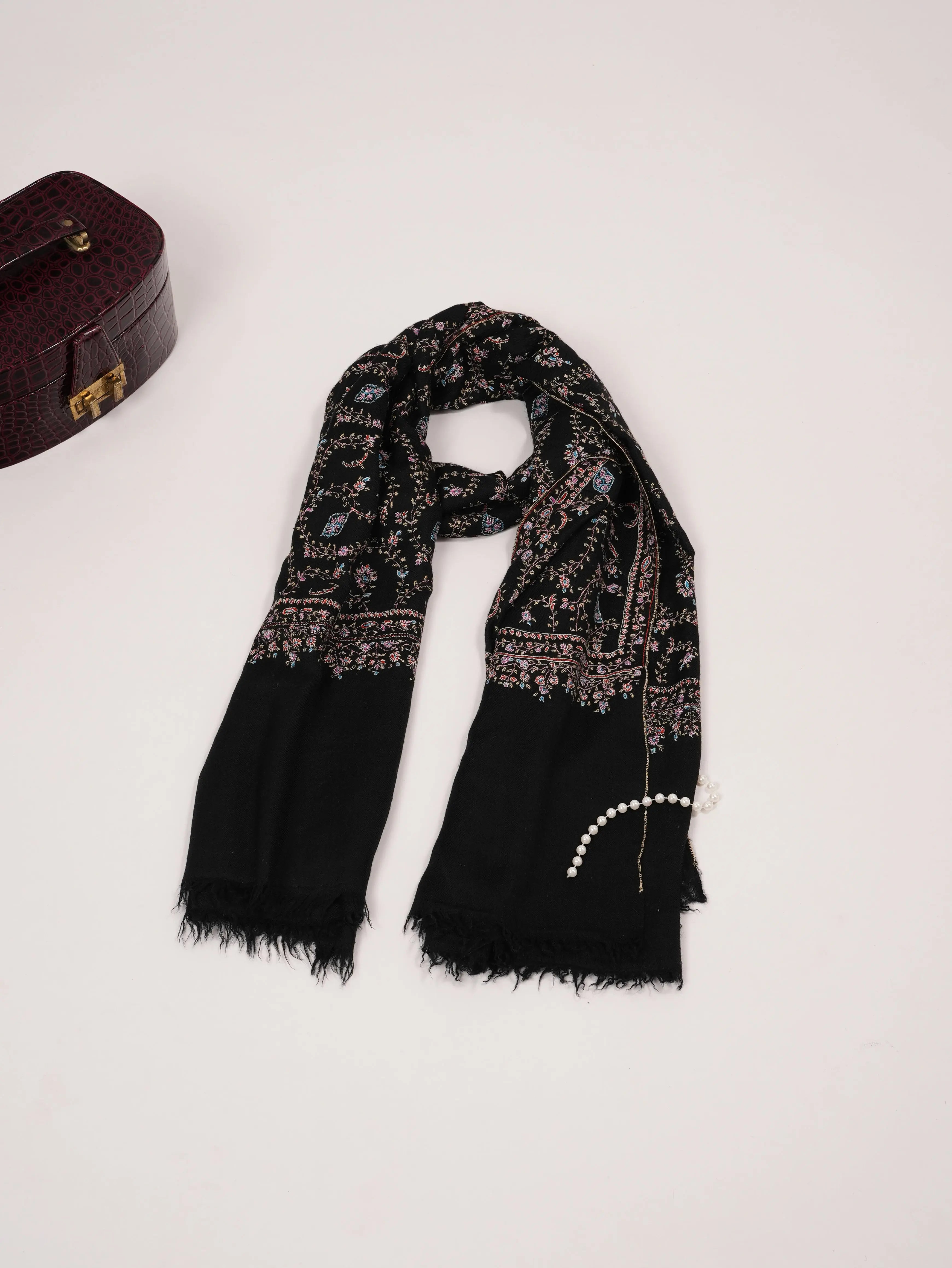 Black Handwoven Authentic  Pashmina Shawl with Jali Hand Sozni Embroidery Shahkaar.com