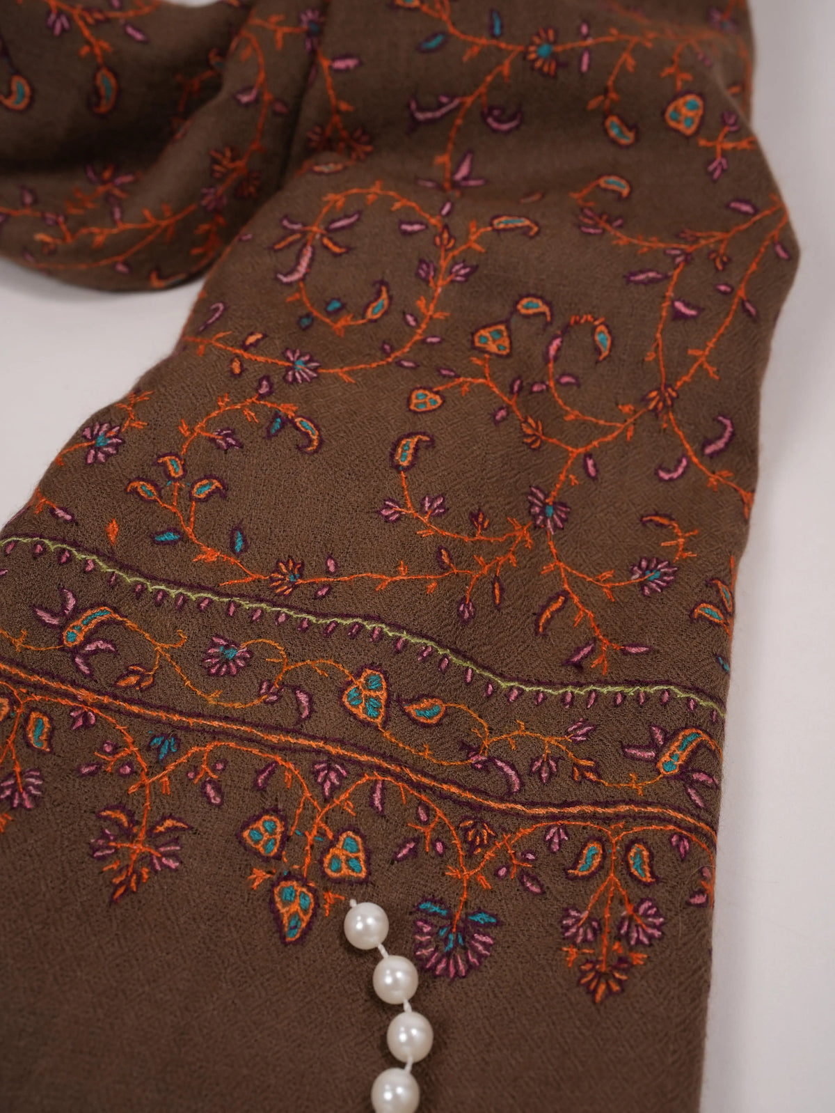 Dark Taupe Pashmina Shawl with Jali Hand Sozni Embroidery Shahkaar.com