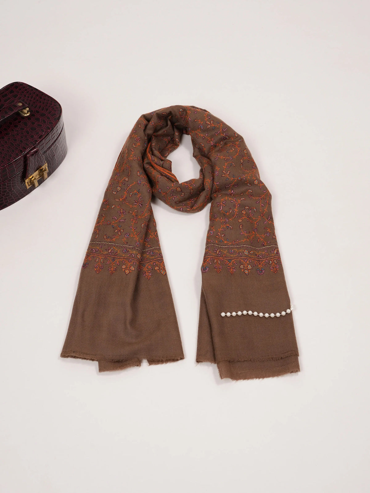 Dark Taupe Pashmina Shawl with Jali Hand Sozni Embroidery Shahkaar.com