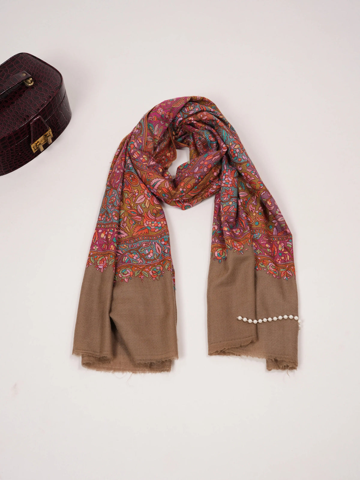 Beige Pure Pashmina Jamavar Shawl with Papermachie Embroidery Shahkaar.com