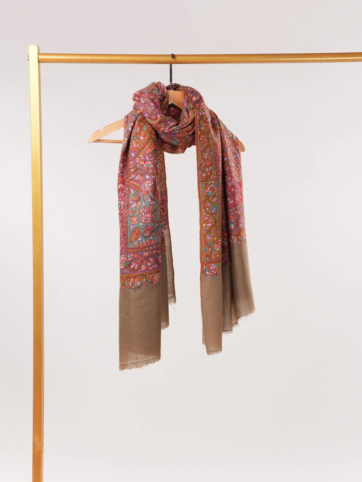 Beige Pure Pashmina Jamavar Shawl with Papermachie Embroidery Shahkaar.com