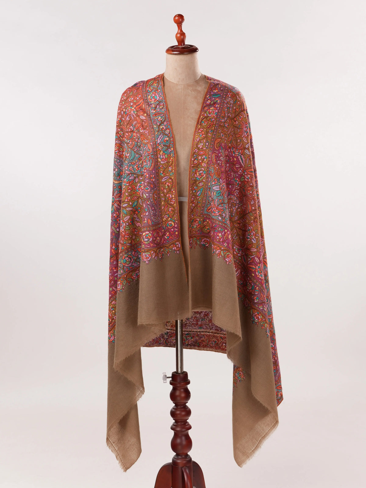 Beige Pure Pashmina Jamavar Shawl with Papermachie Embroidery Shahkaar.com