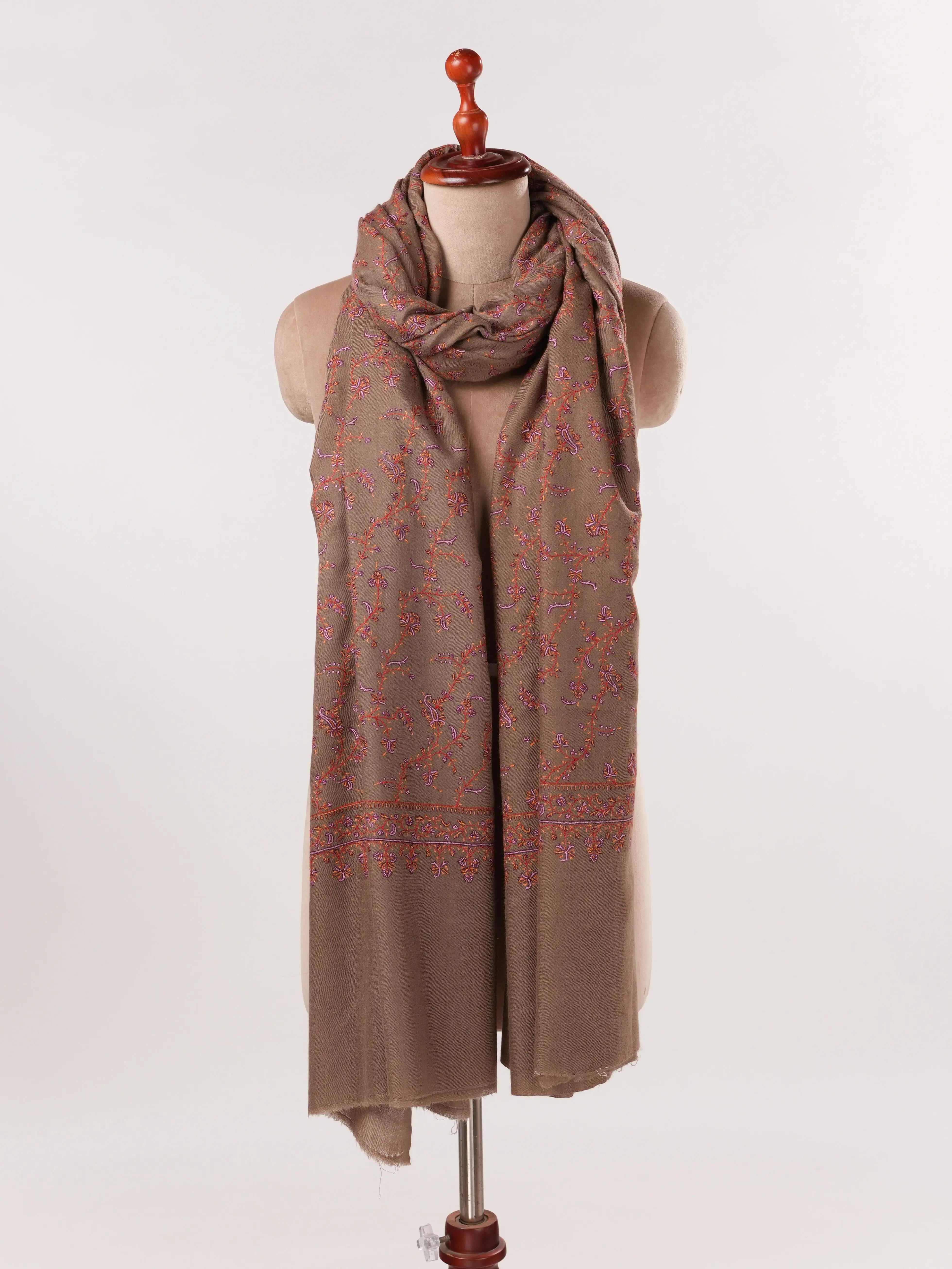 Oversized Natural Taupe Kashmiri Pashmina Shawl with Jali Embroidery Shahkaar.com