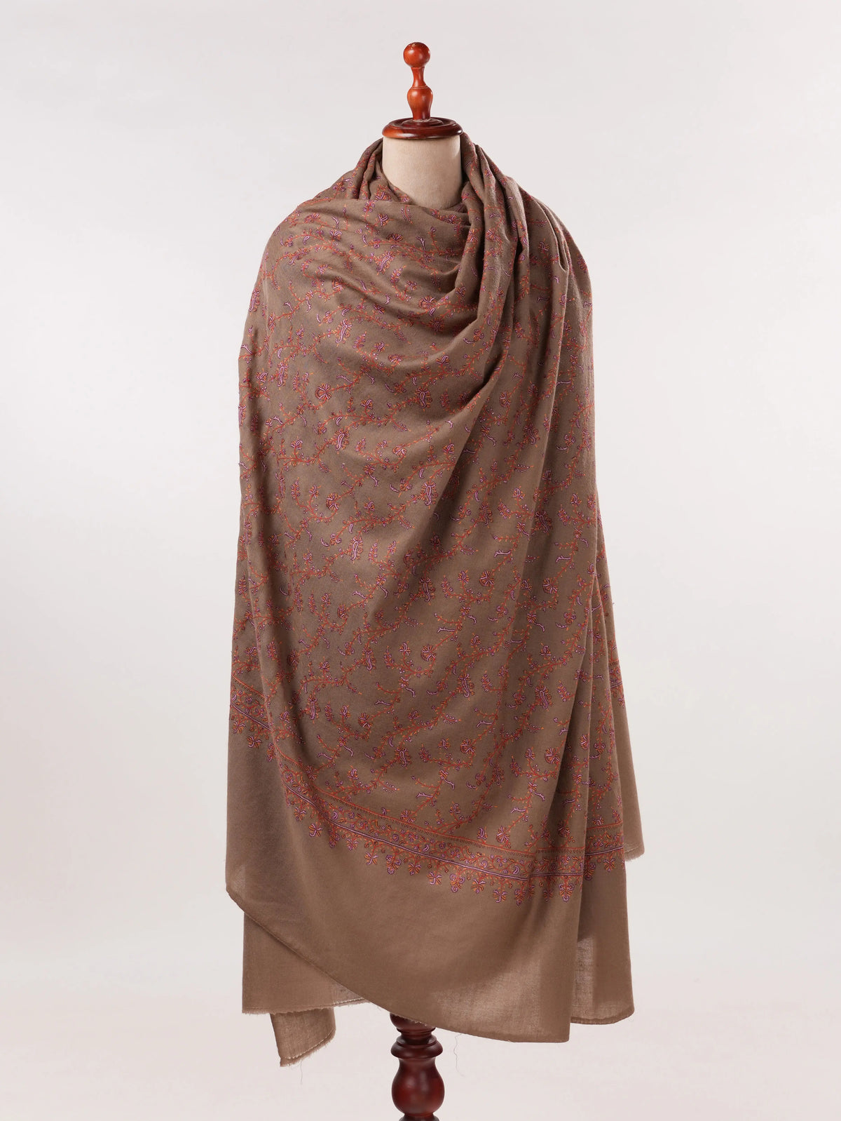 Oversized Natural Taupe Kashmiri Pashmina Shawl with Jali Embroidery Shahkaar.com