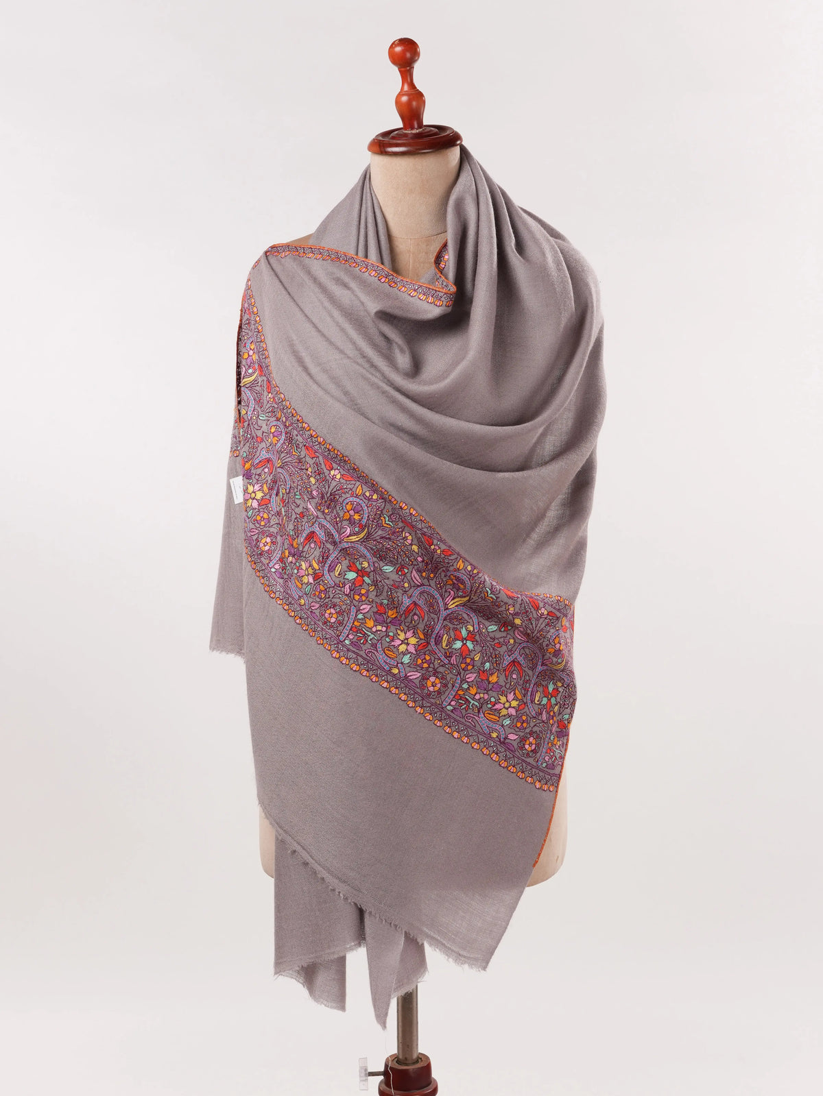 Grey Kashmiri Cashmere Scarf with Handwoven Palla Sozni Embroidery Shahkaar.com