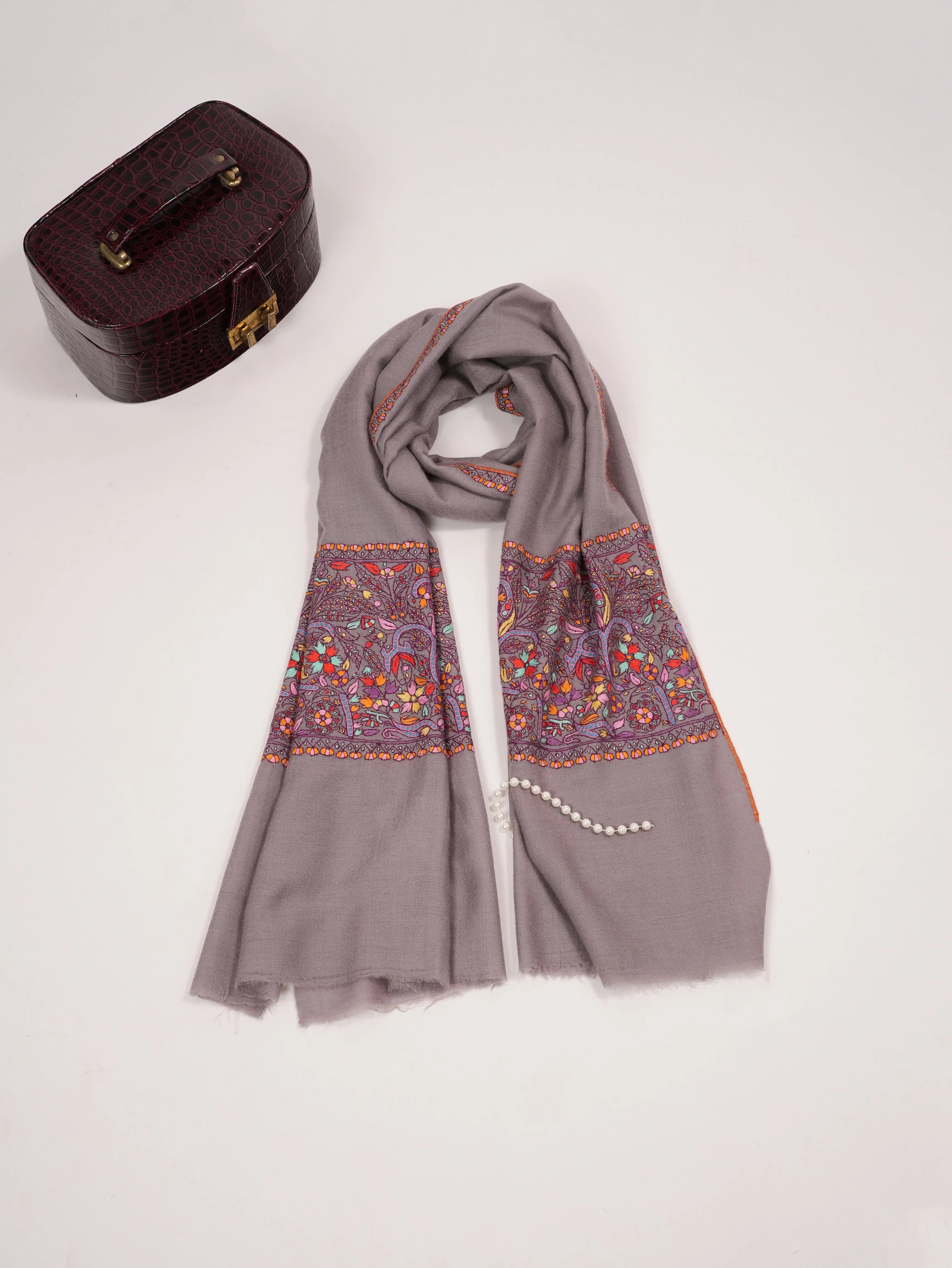 Grey Kashmiri Cashmere Scarf with Handwoven Palla Sozni Embroidery Shahkaar.com