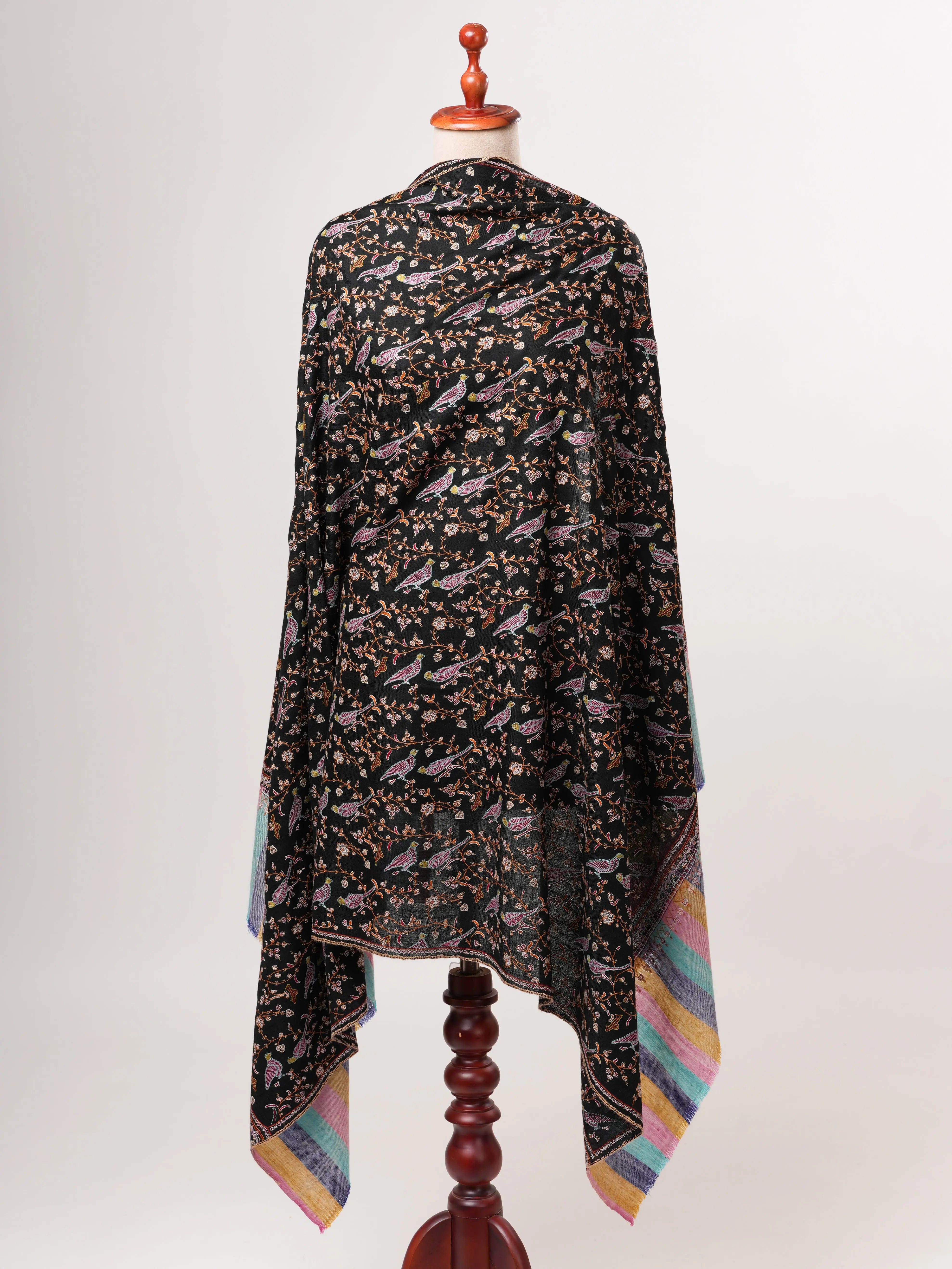 Black Pashmina Shawl with Bird Jali Embroidery and Striped Ends Shahkaar