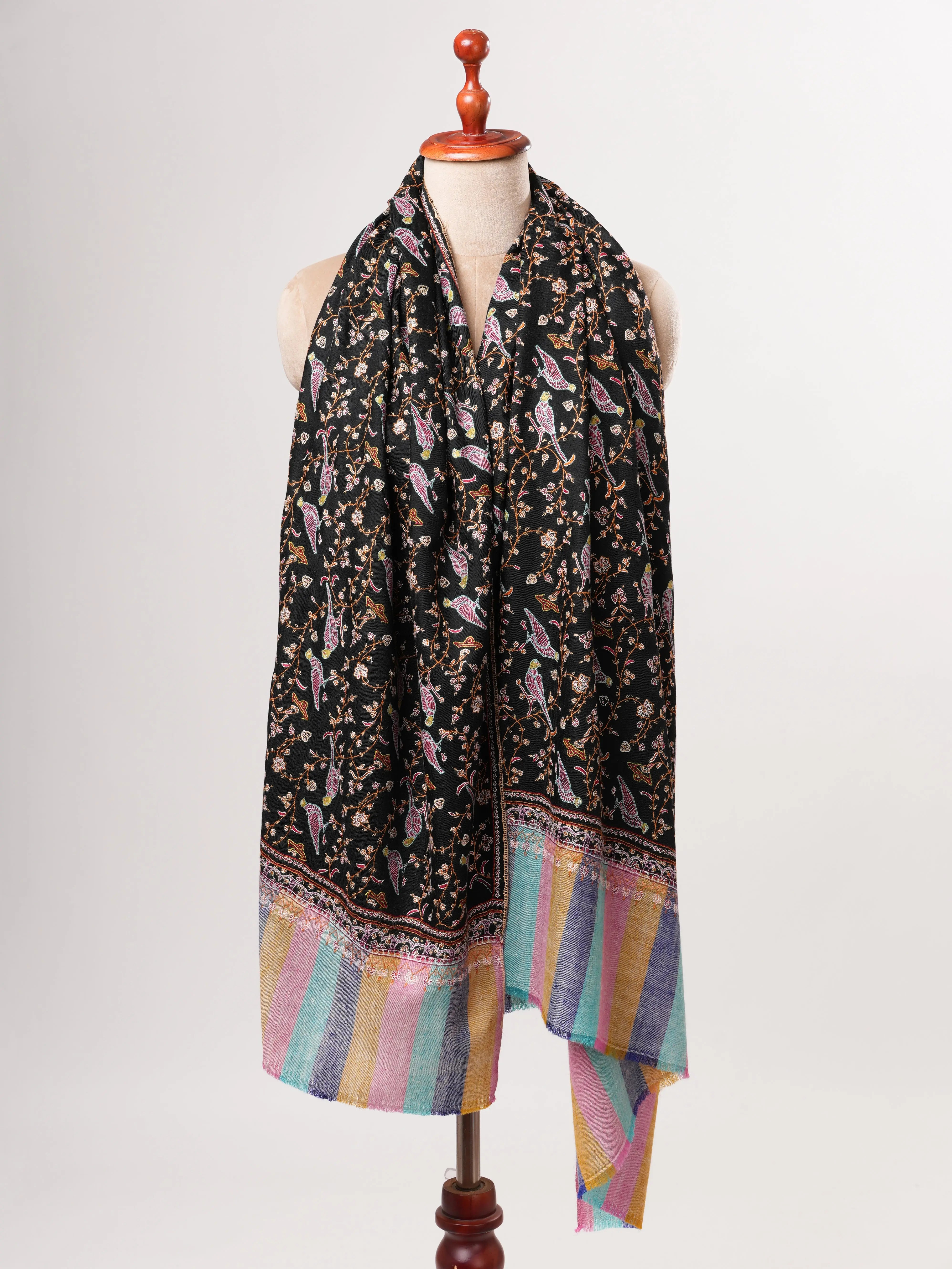 Black Pashmina Shawl with Bird Jali Embroidery and Striped Ends Shahkaar