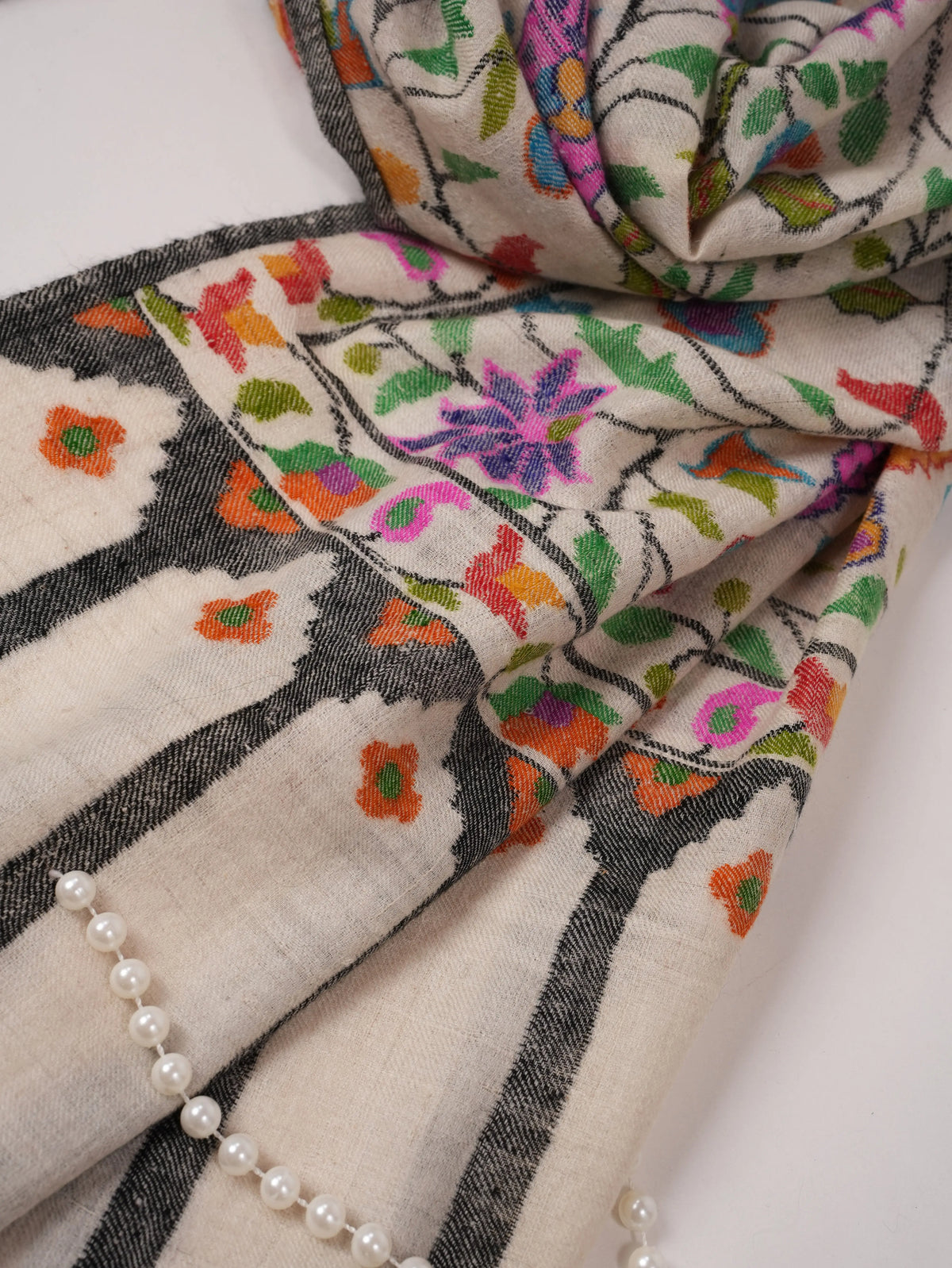 Natural Ivory Handspun Handwoven Floral Kani Pashmina Scarf