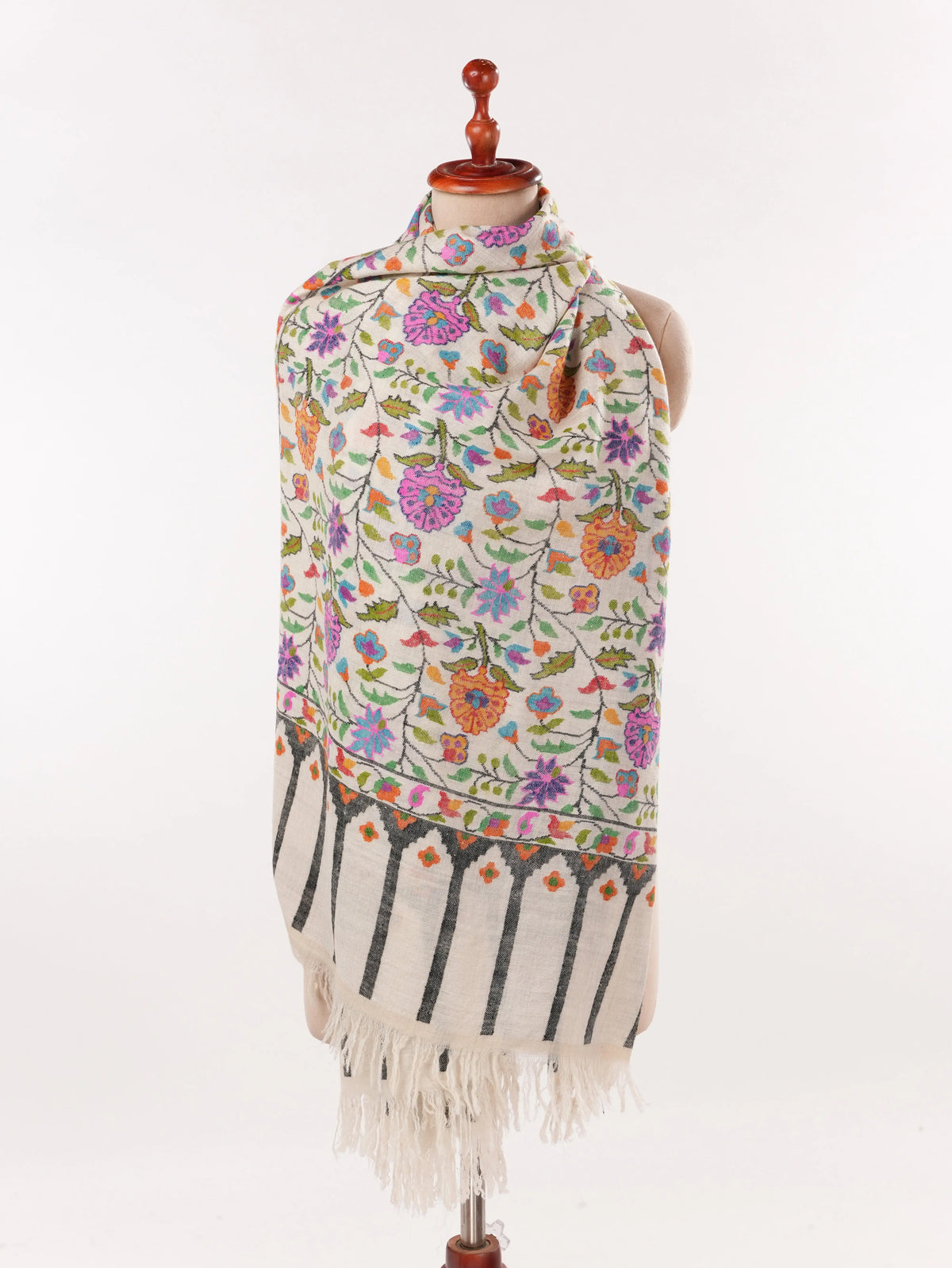 Natural Ivory Handspun Handwoven Floral Kani Pashmina Scarf