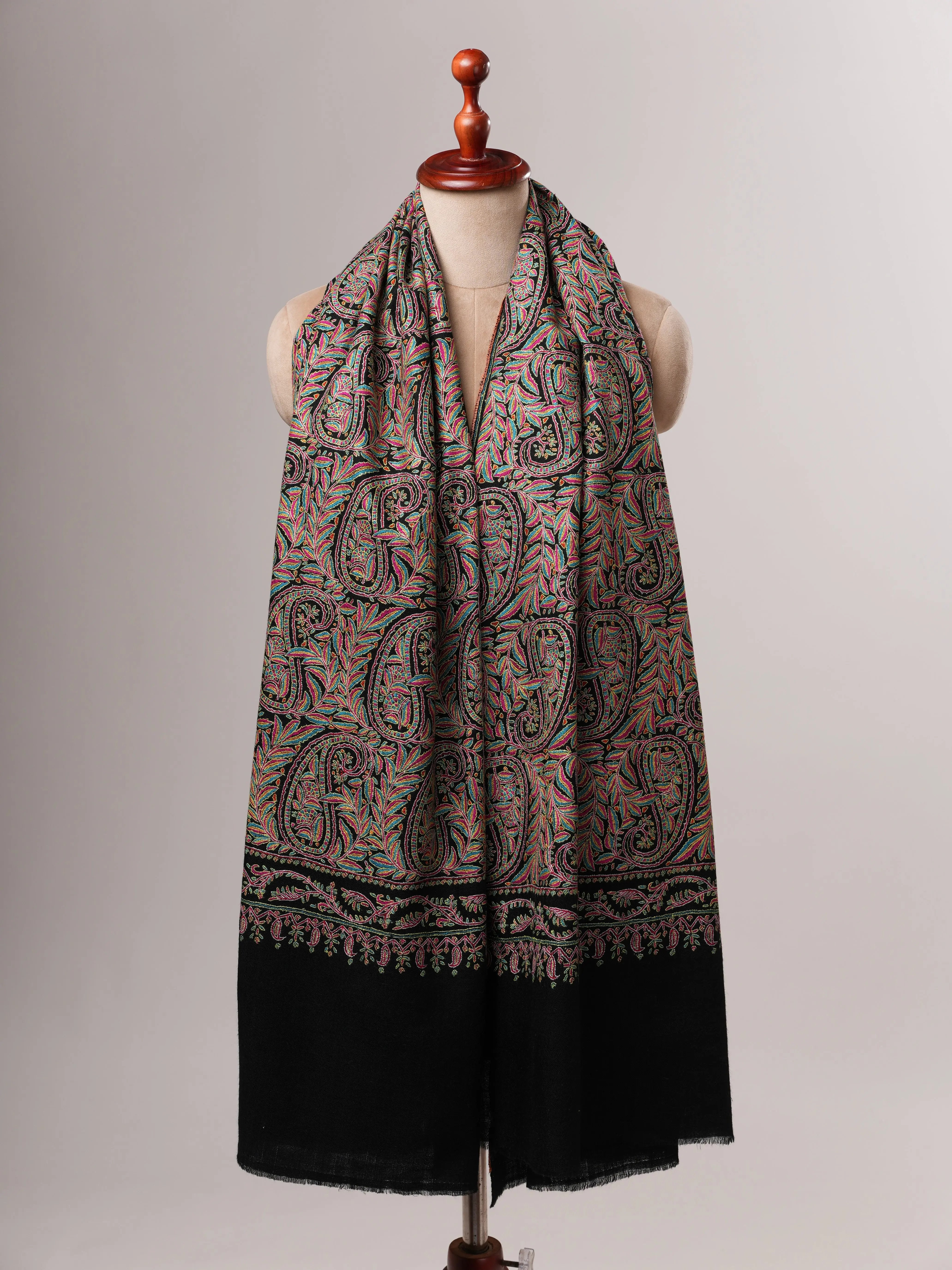 Kashmiri Black Pashmina Jamavar Shawl with Detailed Paisley Handwork Shahkaar