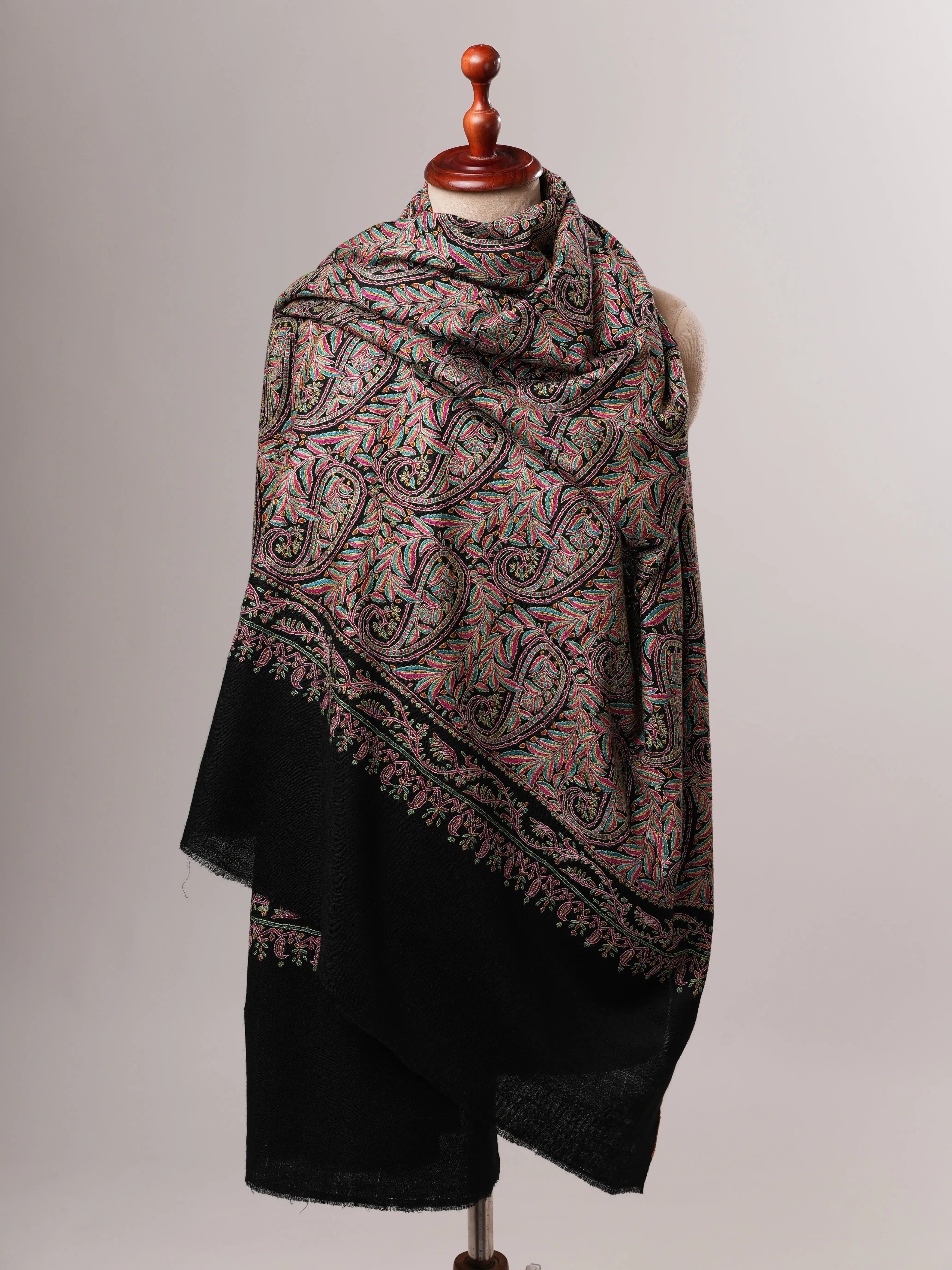 Kashmiri Black Pashmina Jamavar Shawl with Detailed Paisley Handwork Shahkaar