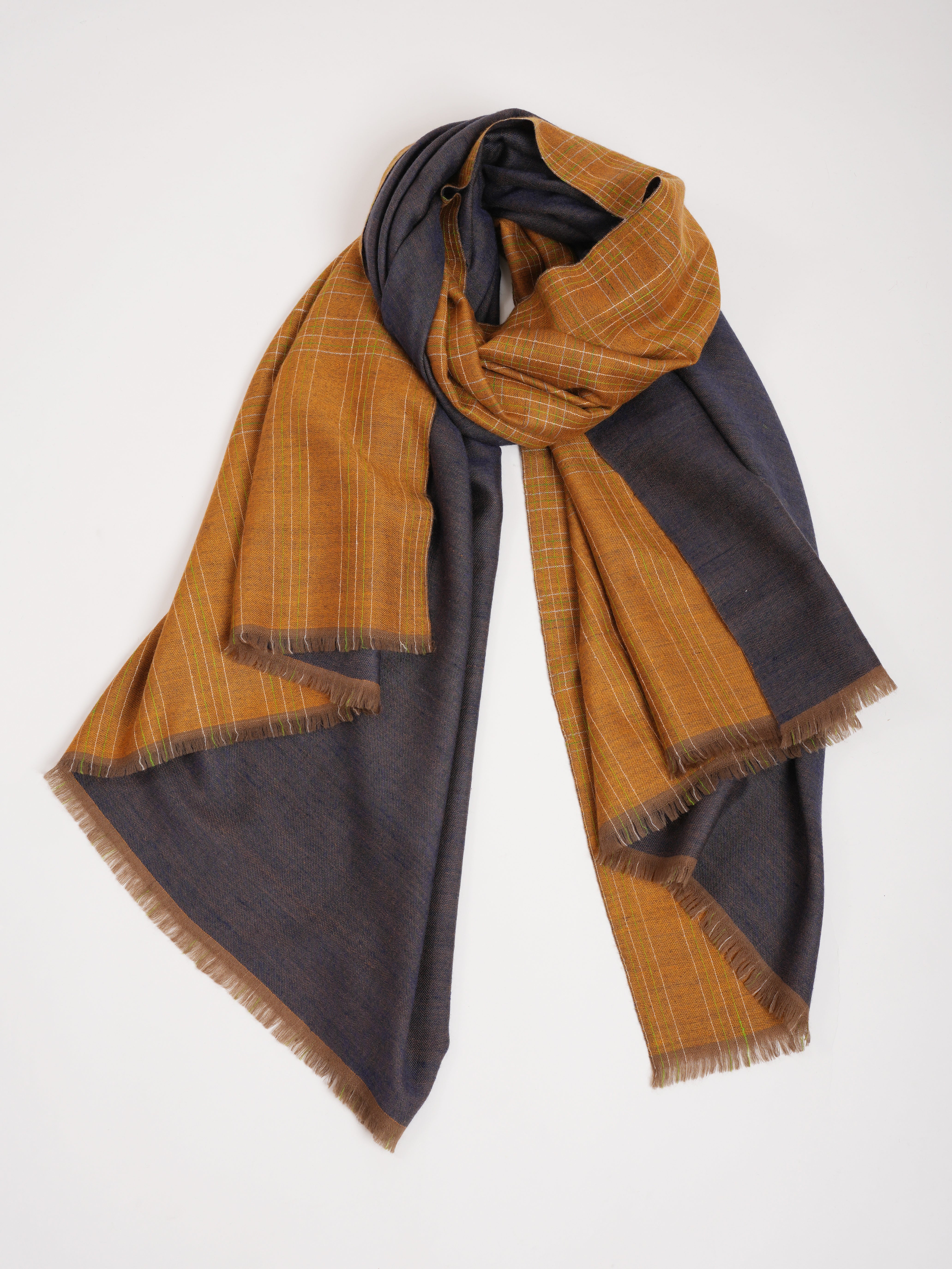 Mustard and Navy Handwoven Dorukha Kashmiri Pashmina Shawl