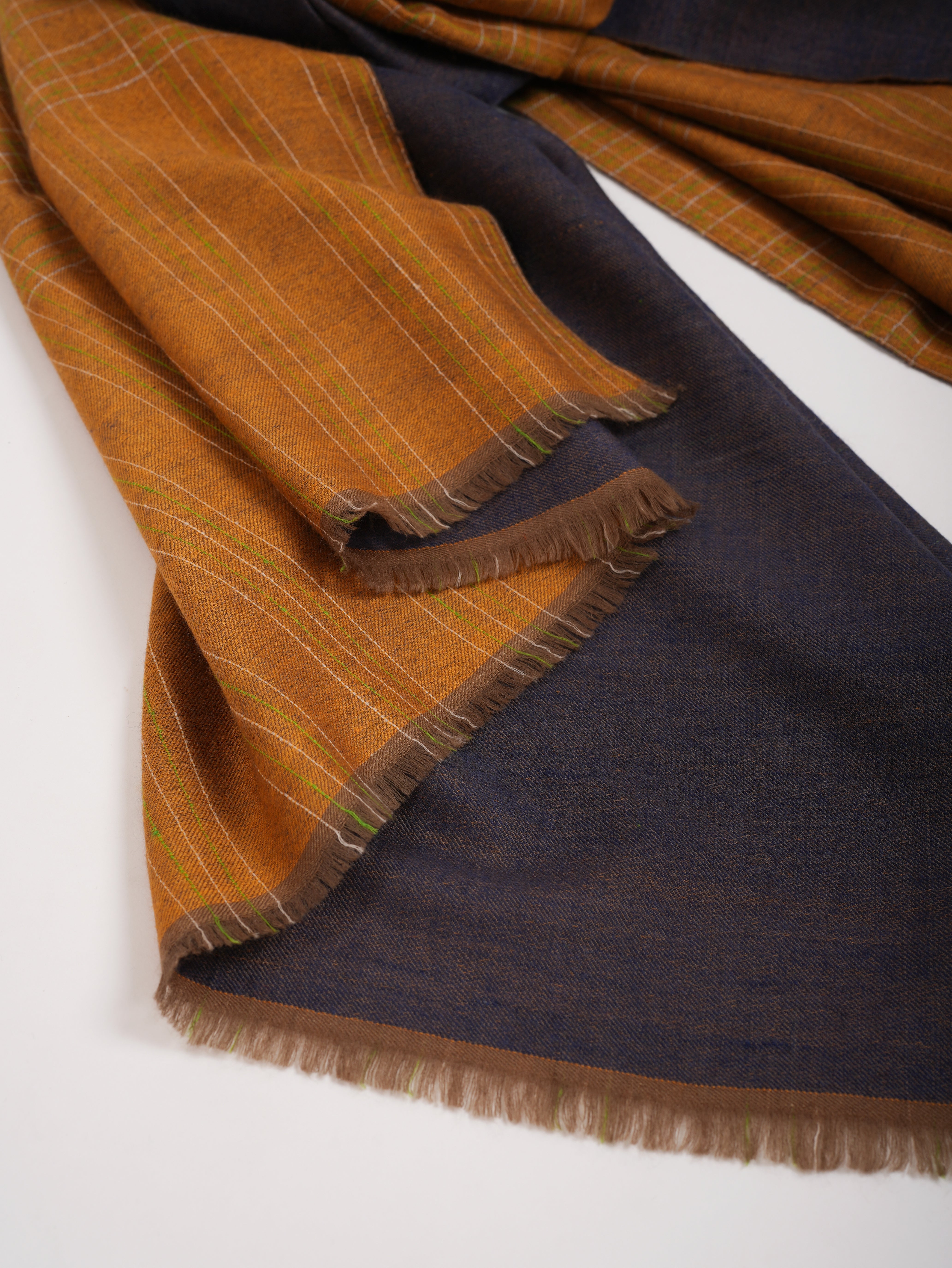 Mustard and Navy Handwoven Dorukha Kashmiri Pashmina Shawl