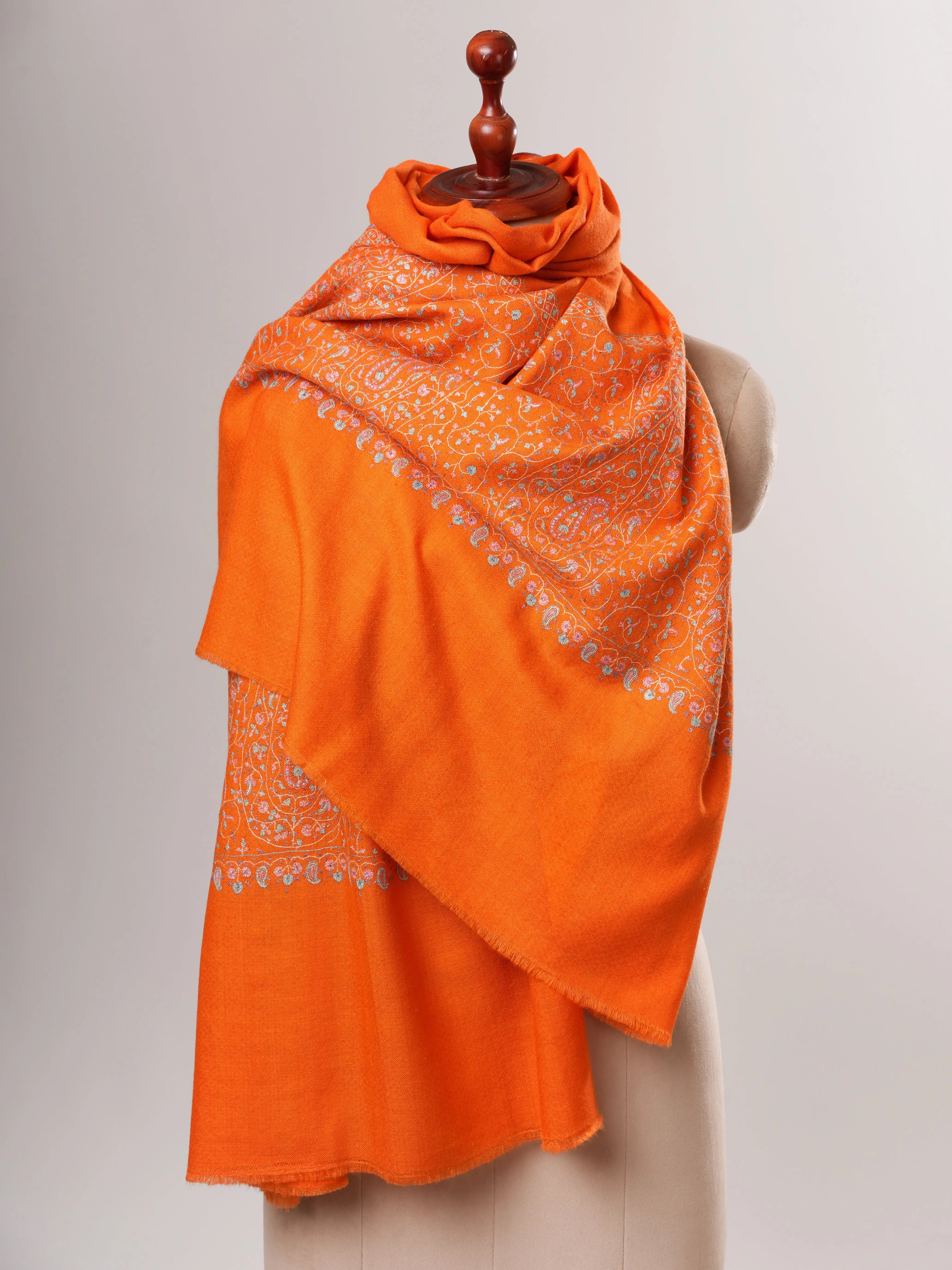Orange Kashmiri Pashmina Shawl – Hand Embroidered Palla Sozni Design Shahkaar