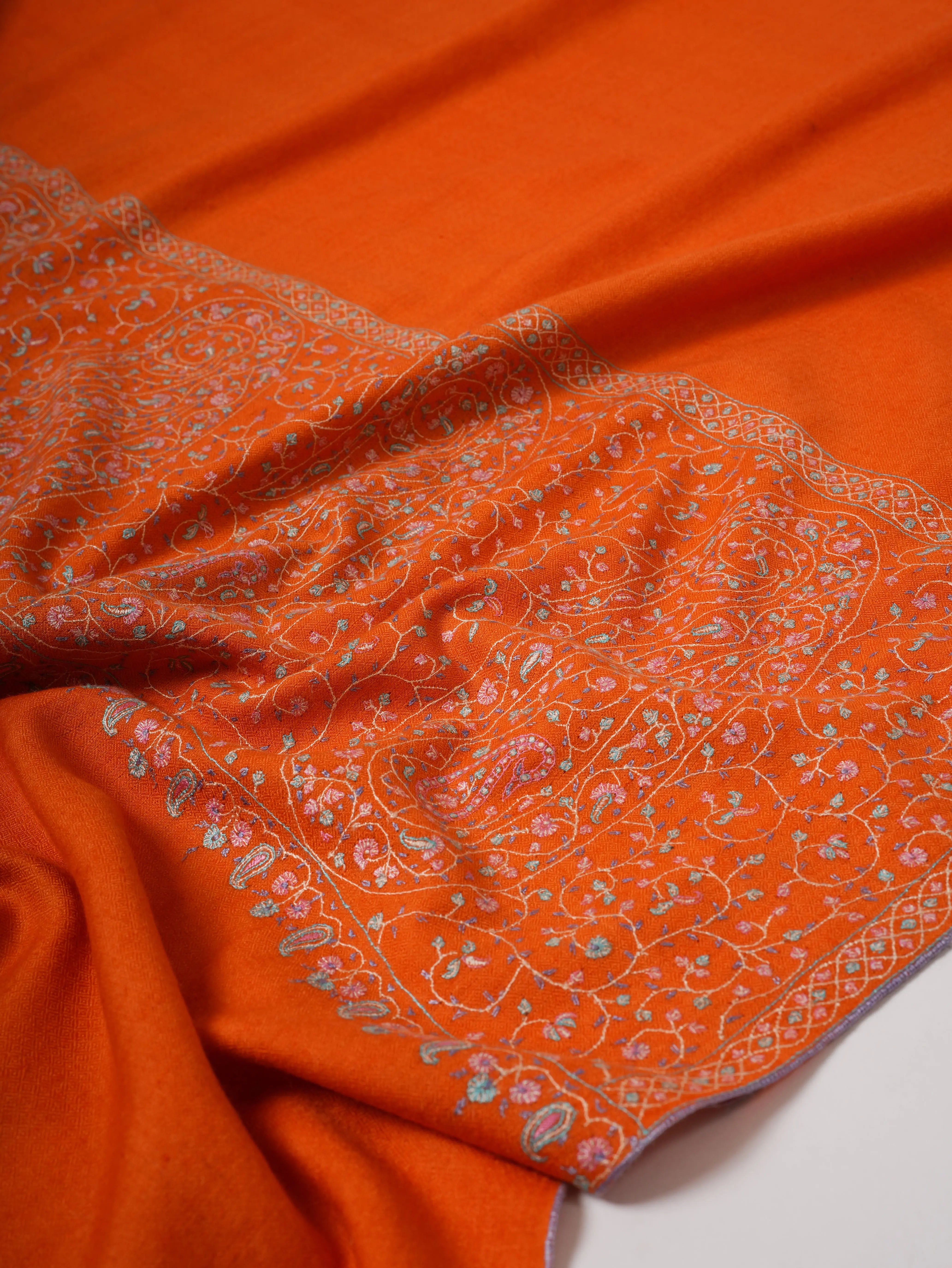 Orange Kashmiri Pashmina Shawl – Hand Embroidered Palla Sozni Design Shahkaar