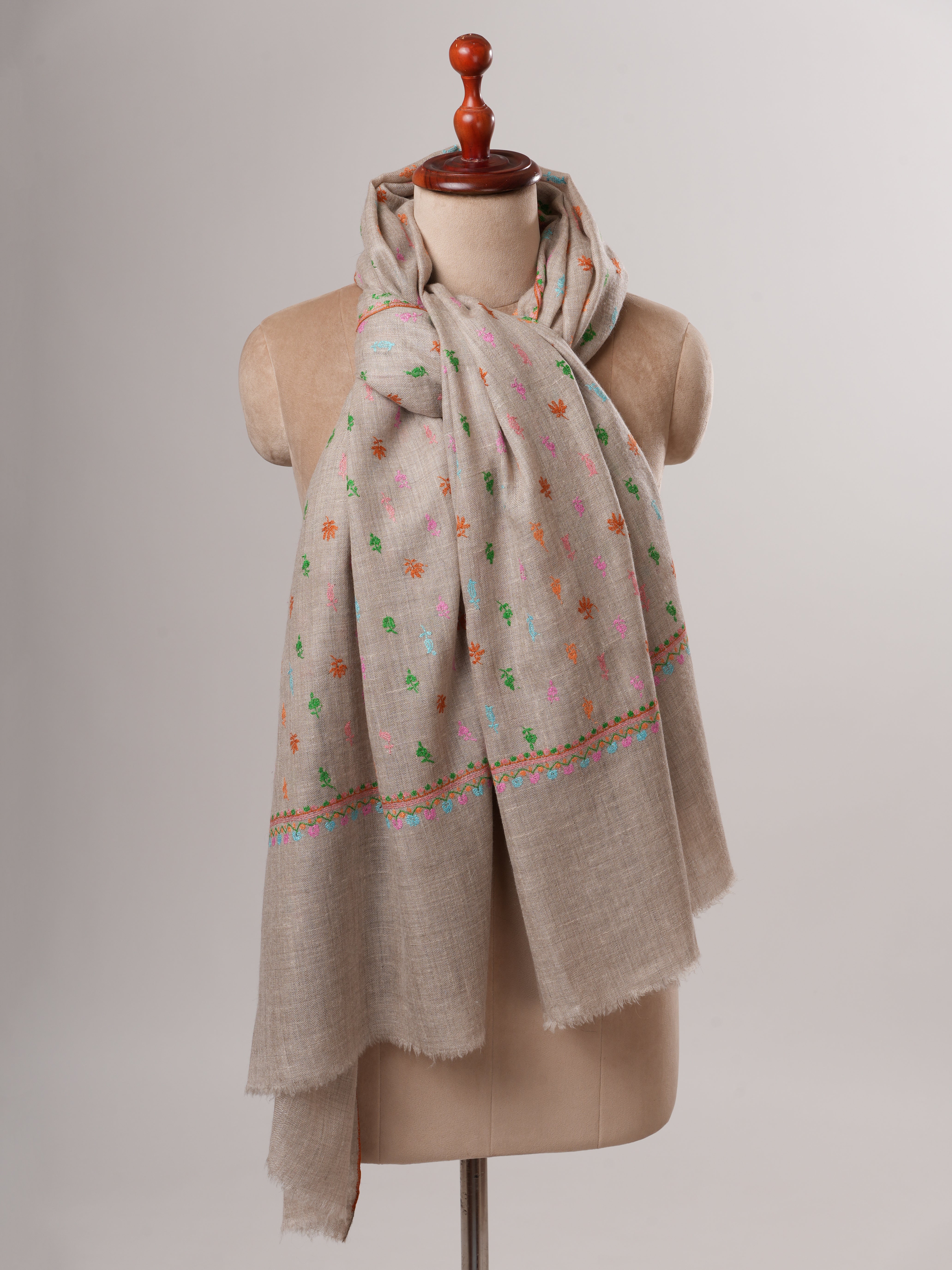 Natural Grey Pashmina Shawl with Machie Buteh Embroidery Shahkaar