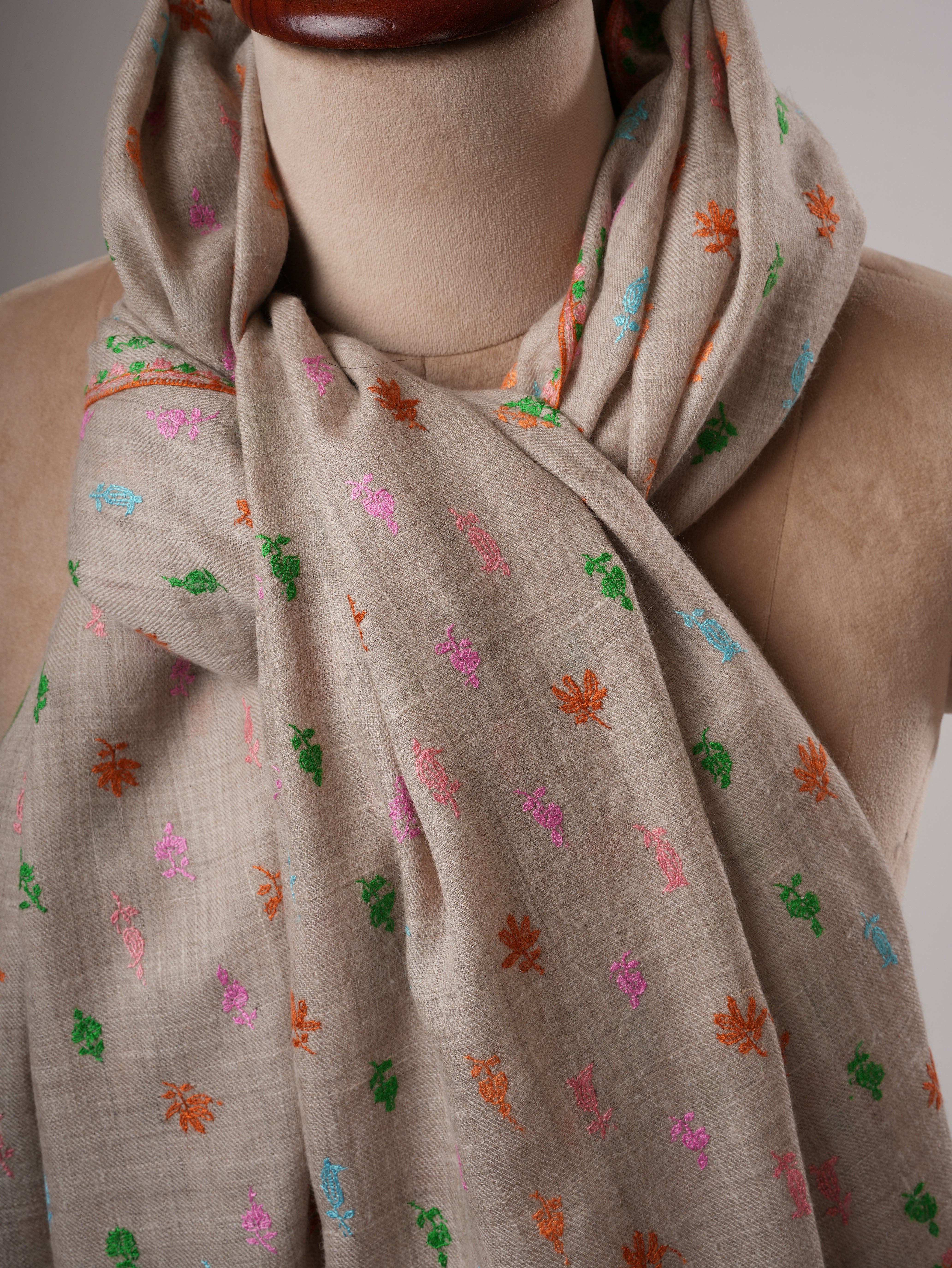 Natural Grey Pashmina Shawl with Machie Buteh Embroidery Shahkaar