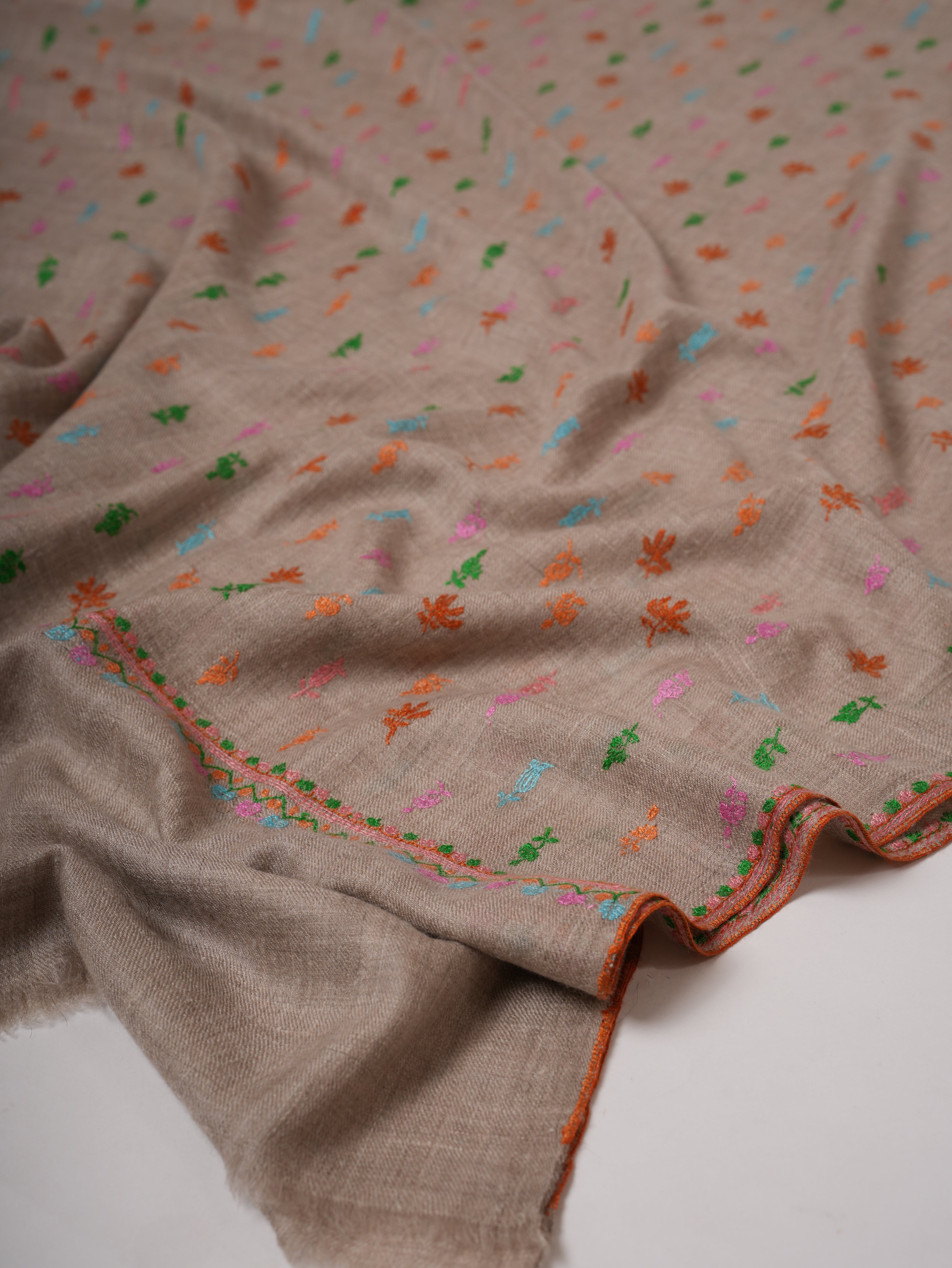 Natural Grey Pashmina Shawl with Machie Buteh Embroidery Shahkaar