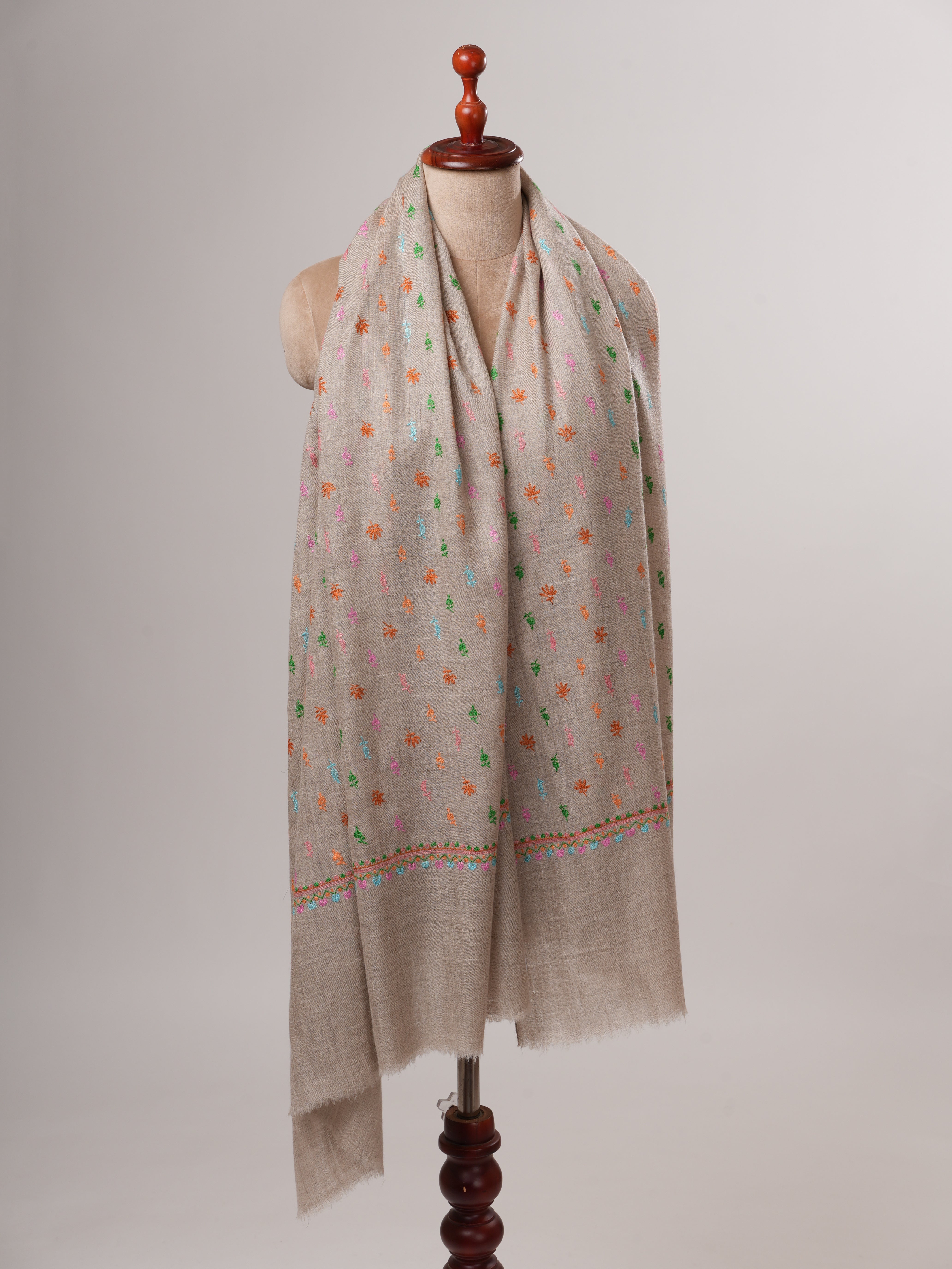Natural Grey Pashmina Shawl with Machie Buteh Embroidery Shahkaar
