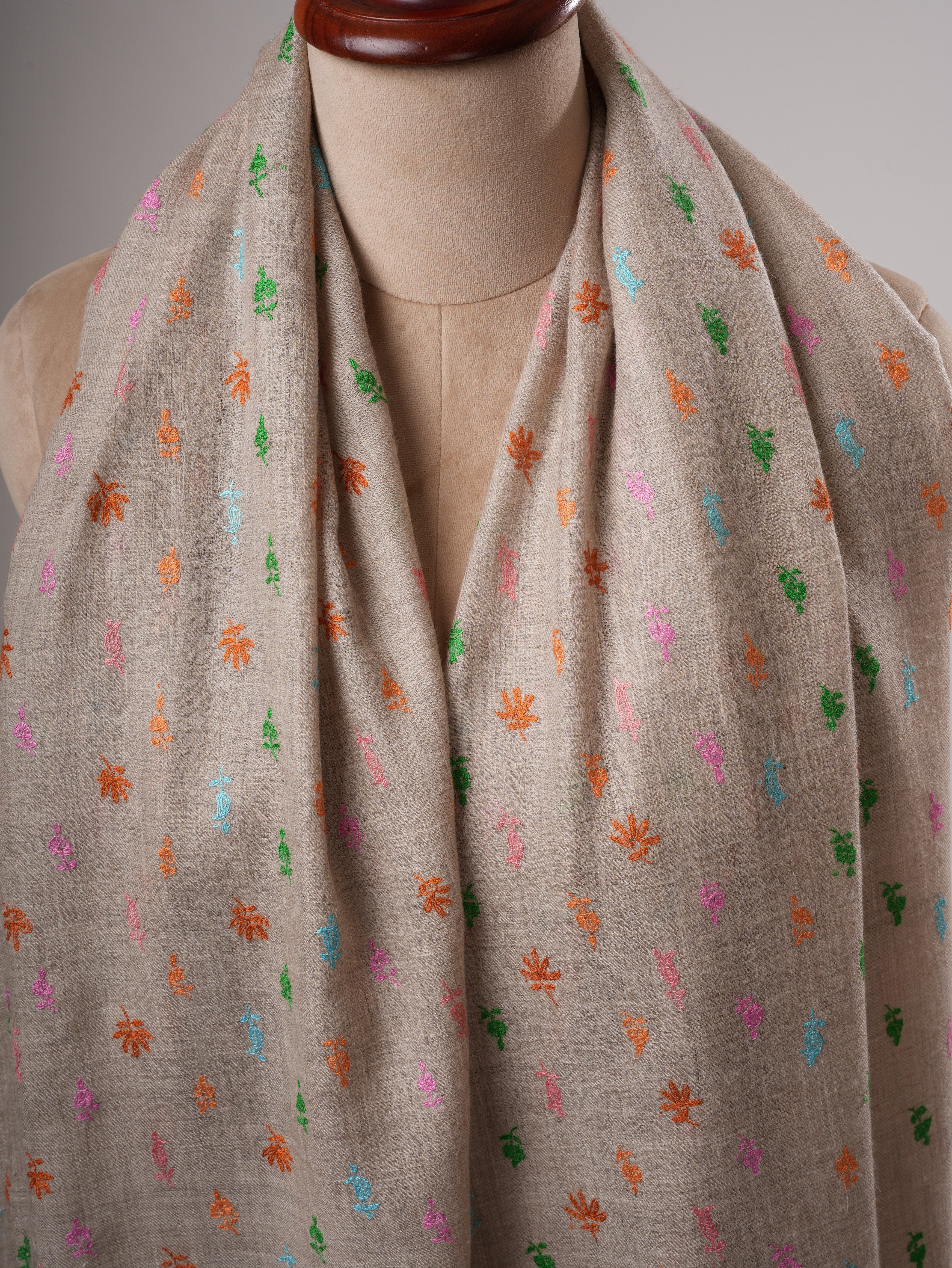 Natural Grey Pashmina Shawl with Machie Buteh Embroidery Shahkaar