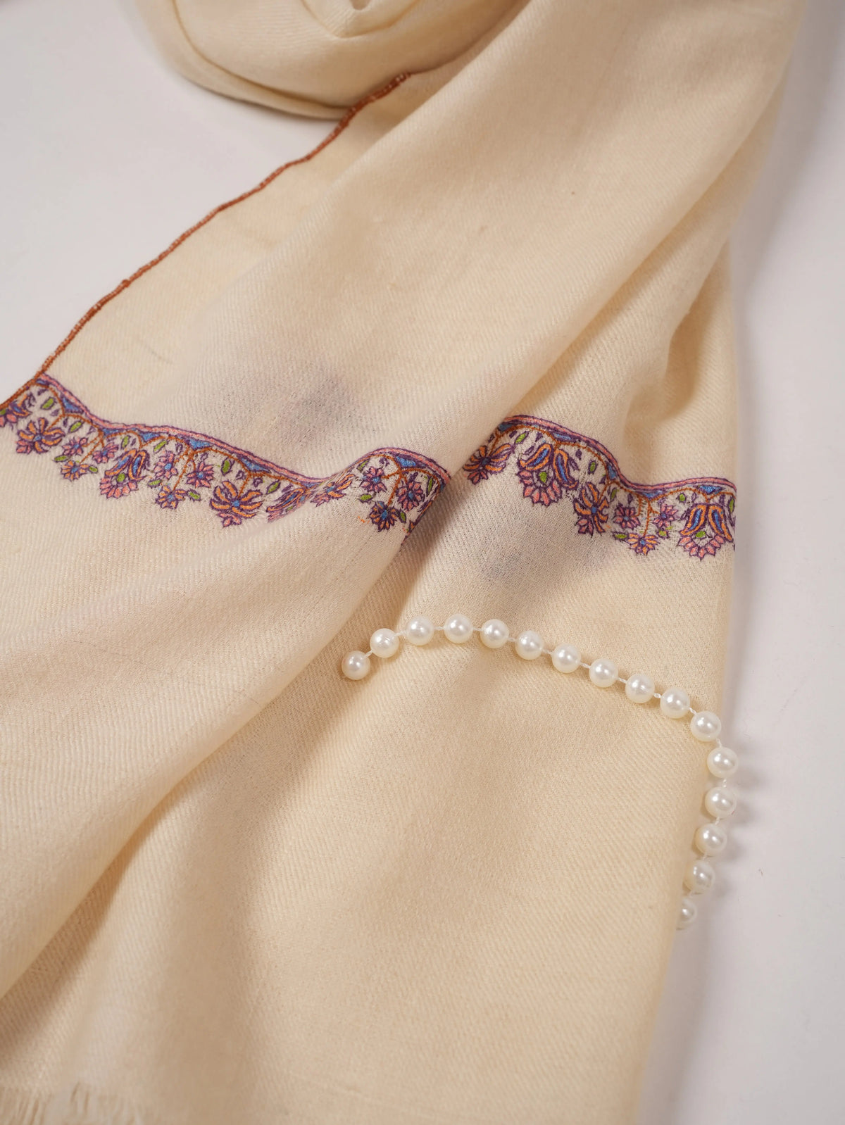 Natural White Genuine Cashmere Scarf with Palldar Embroidery