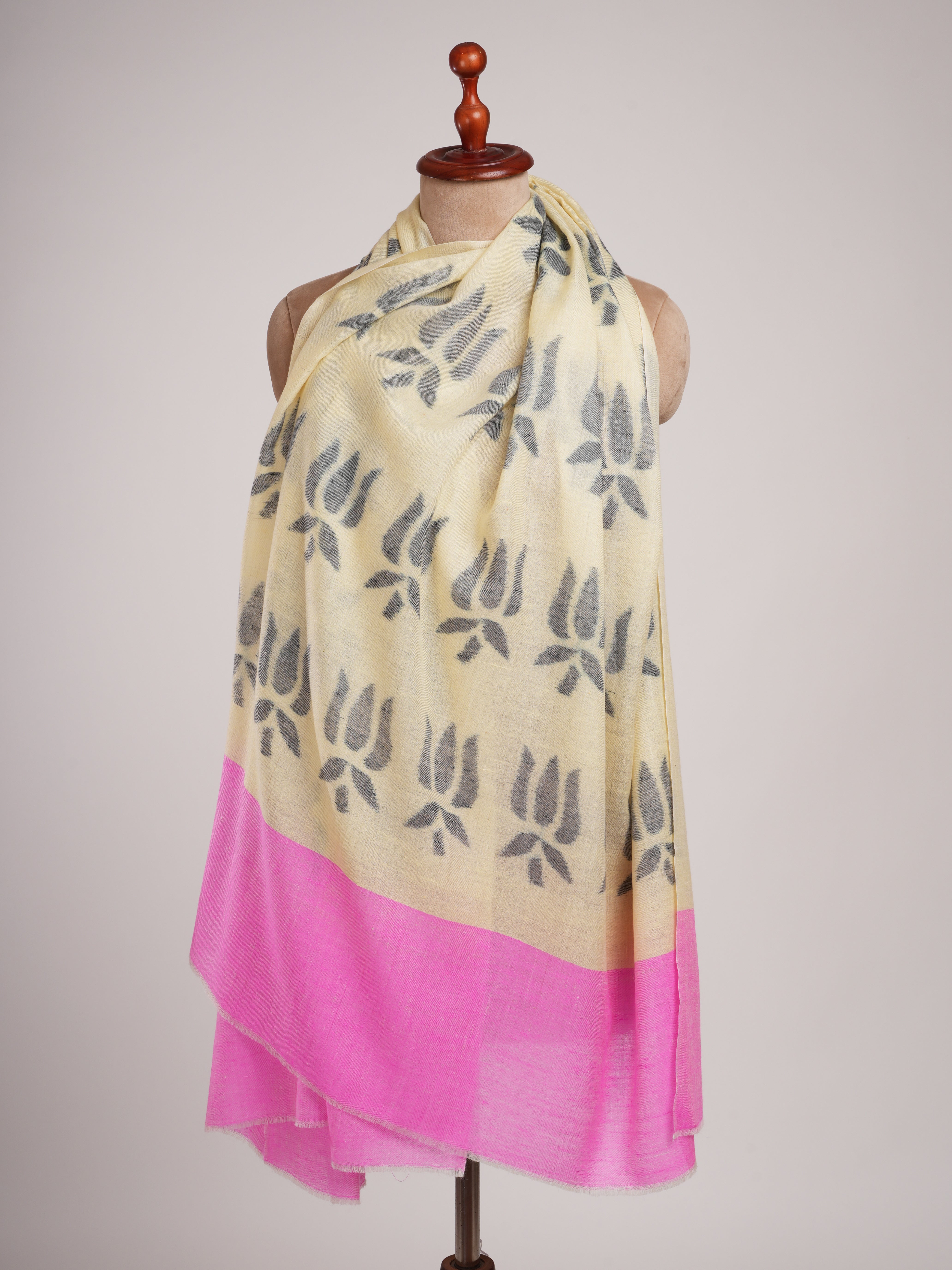 Lotus Ikat Pashmina Shawl in Pearl Black and Pink Color