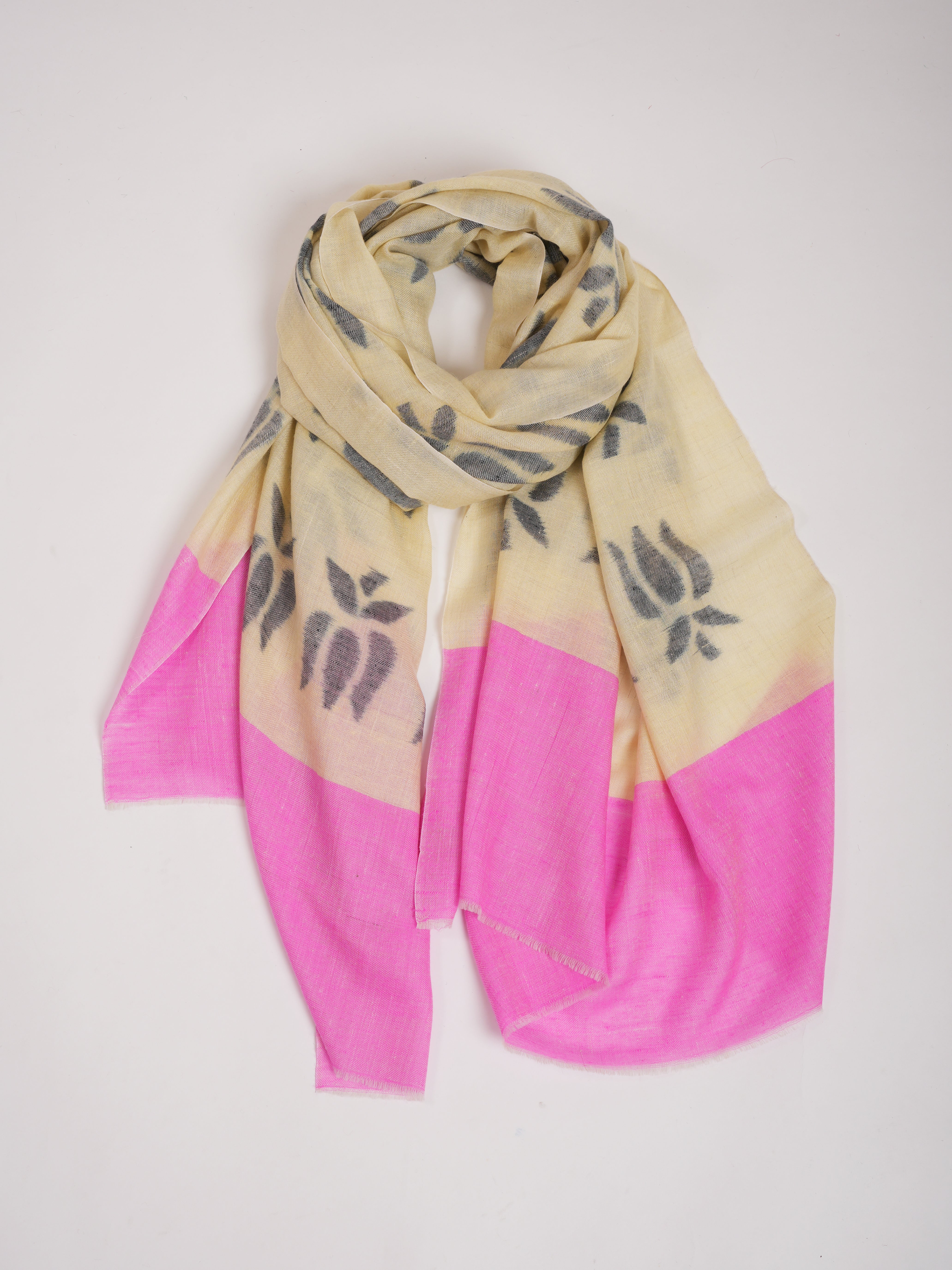 Lotus Ikat Pashmina Shawl in Pearl Black and Pink Color