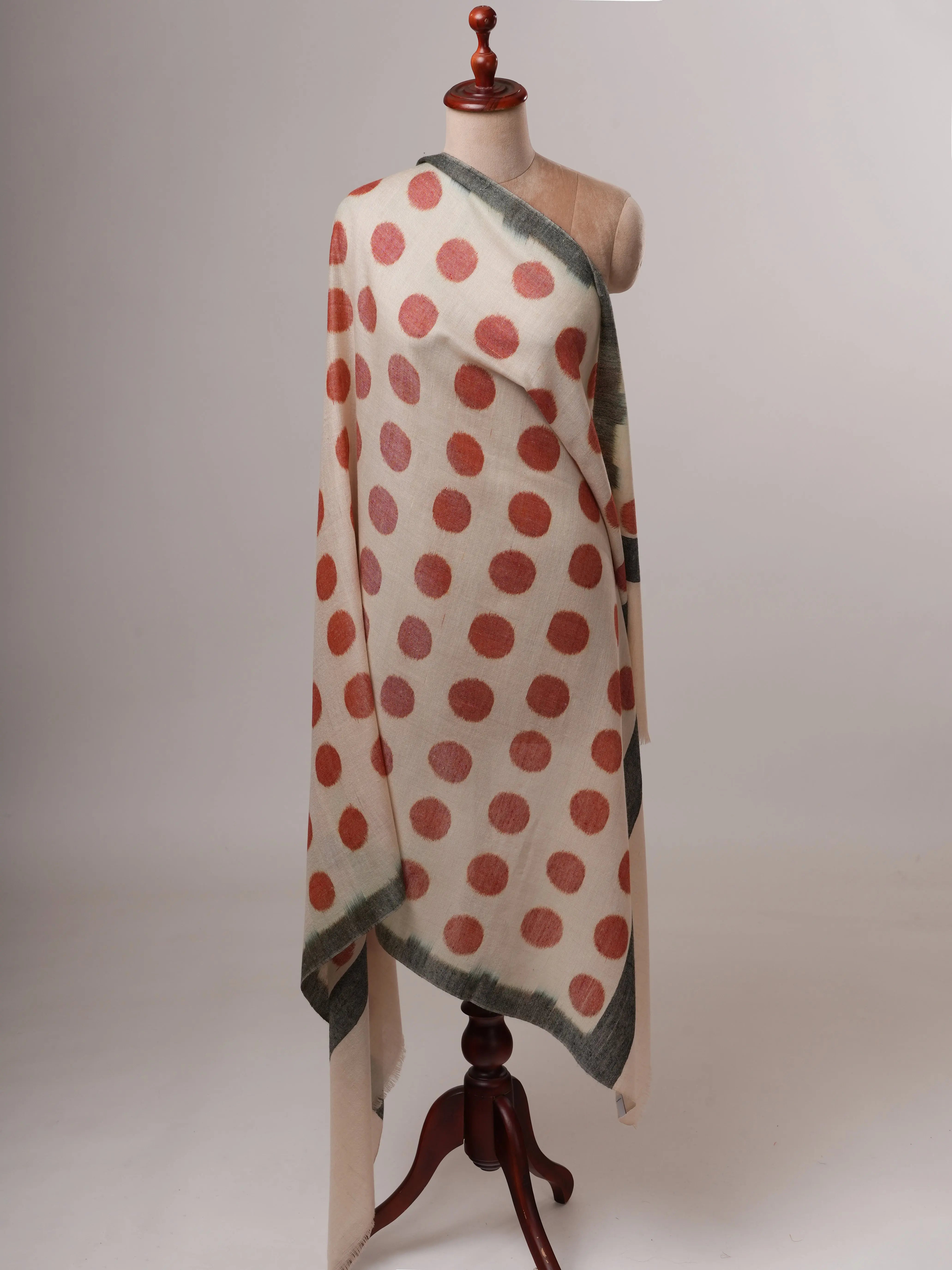 Handwoven Ivory Pashmina Shawl with Red Polka Ikat Shahkaar